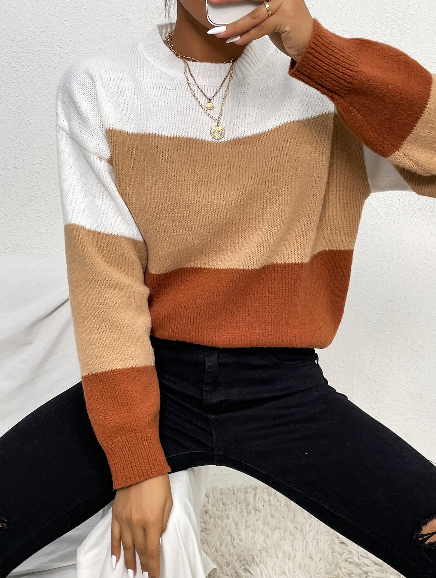 Loose gradient color crew neck striped sweater