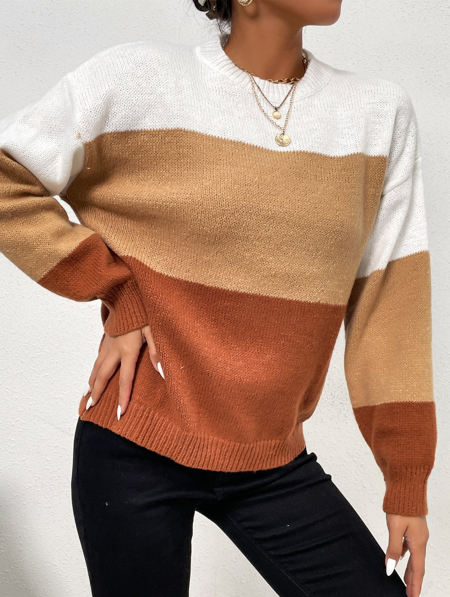 Loose gradient color crew neck striped sweater