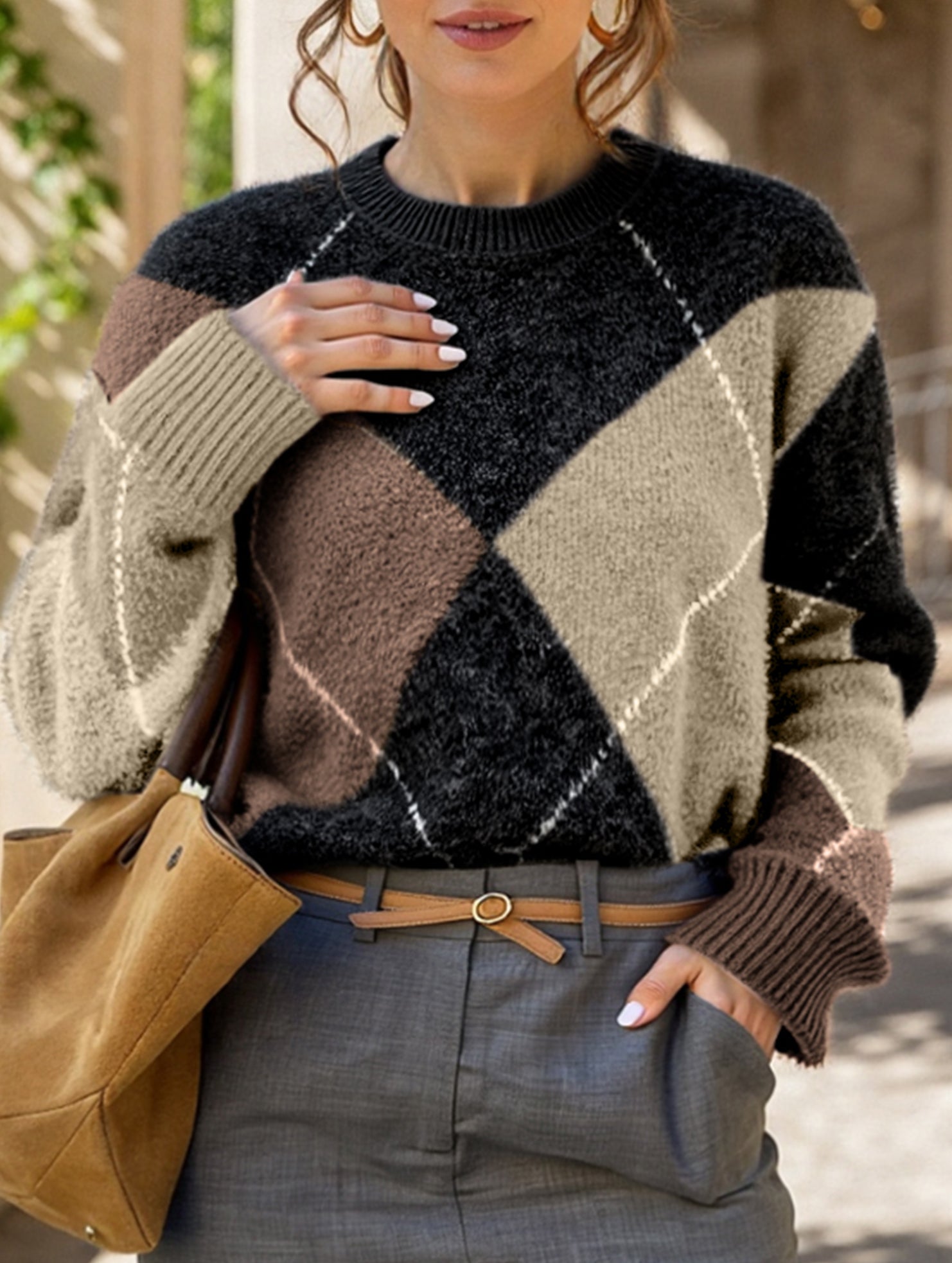 Casual color-blocked long-sleeved knitted sweater