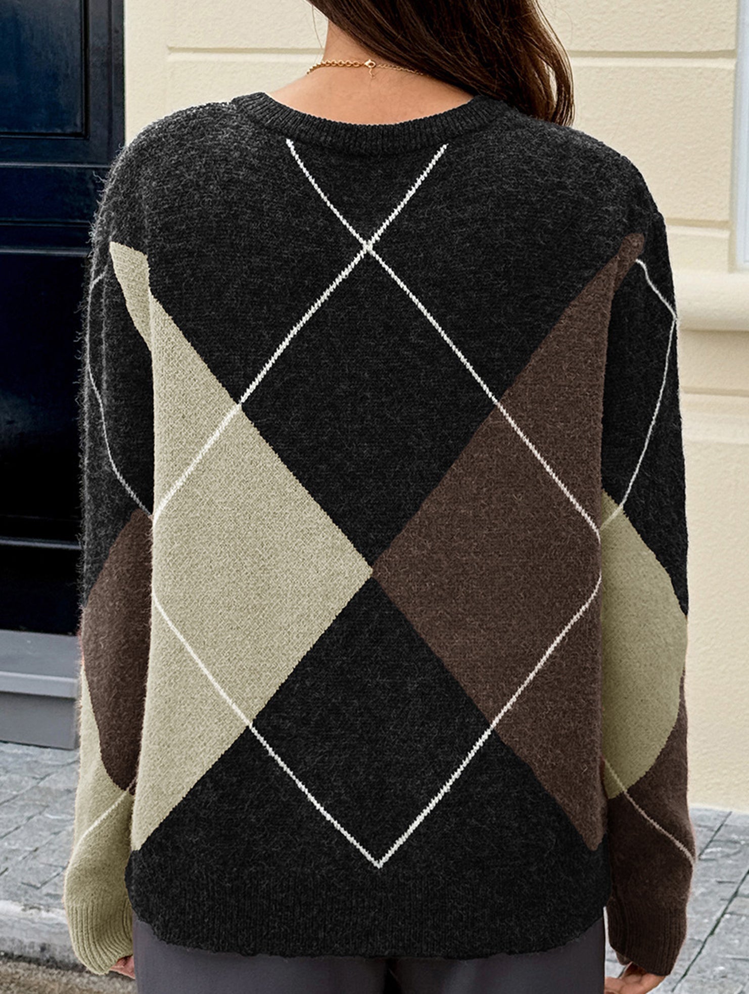 Casual color-blocked long-sleeved knitted sweater