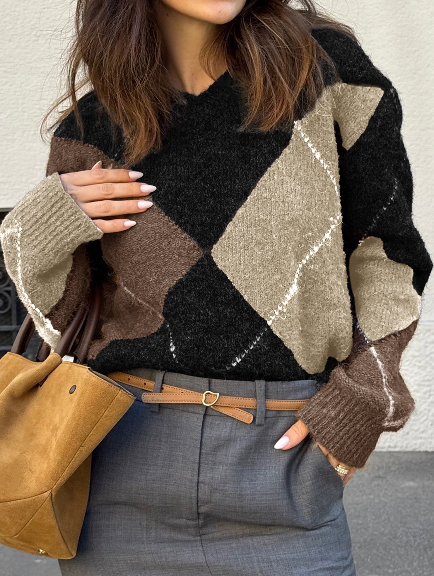 Casual color-blocked long-sleeved knitted sweater