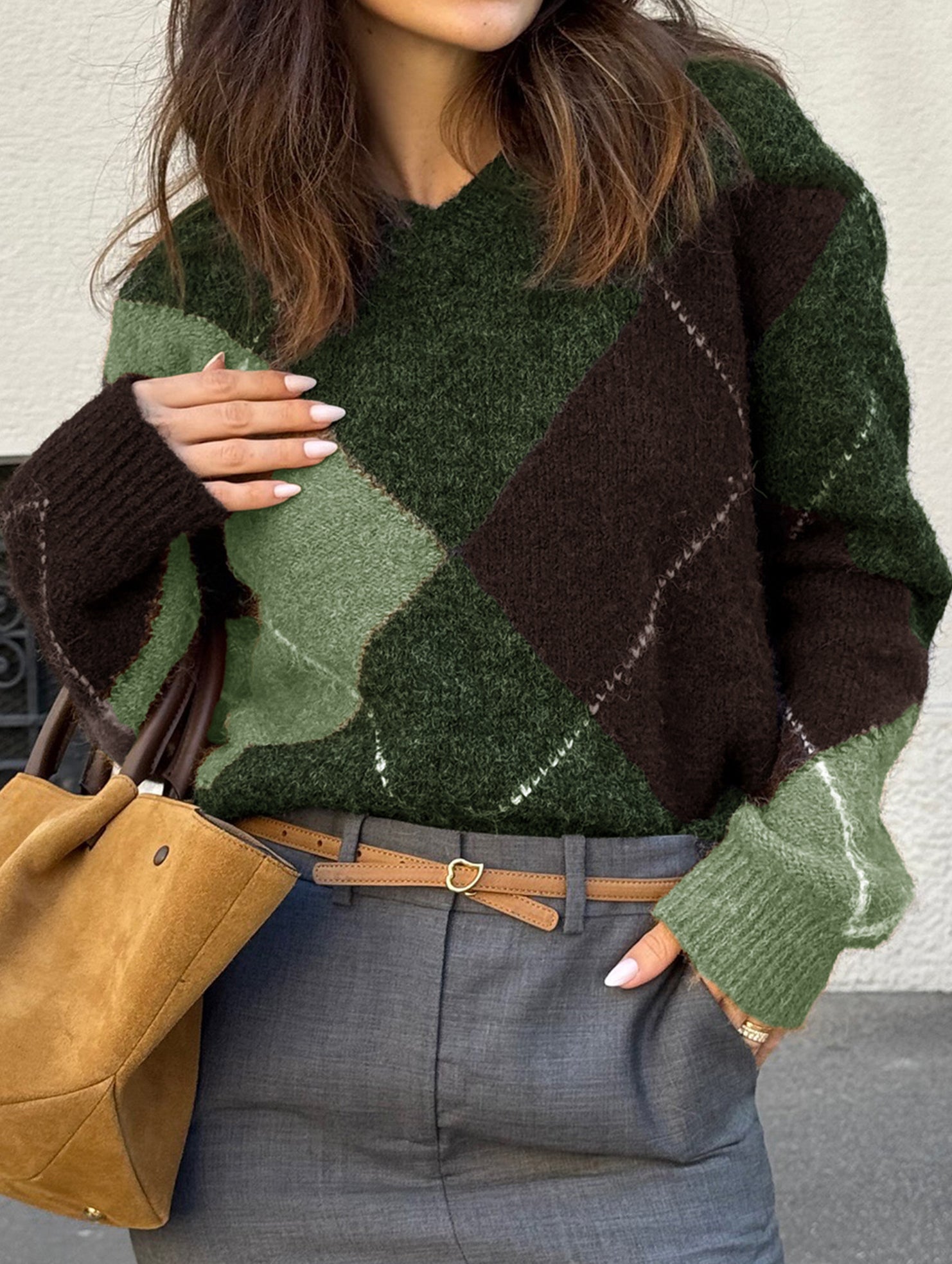 Casual color-blocked long-sleeved knitted sweater