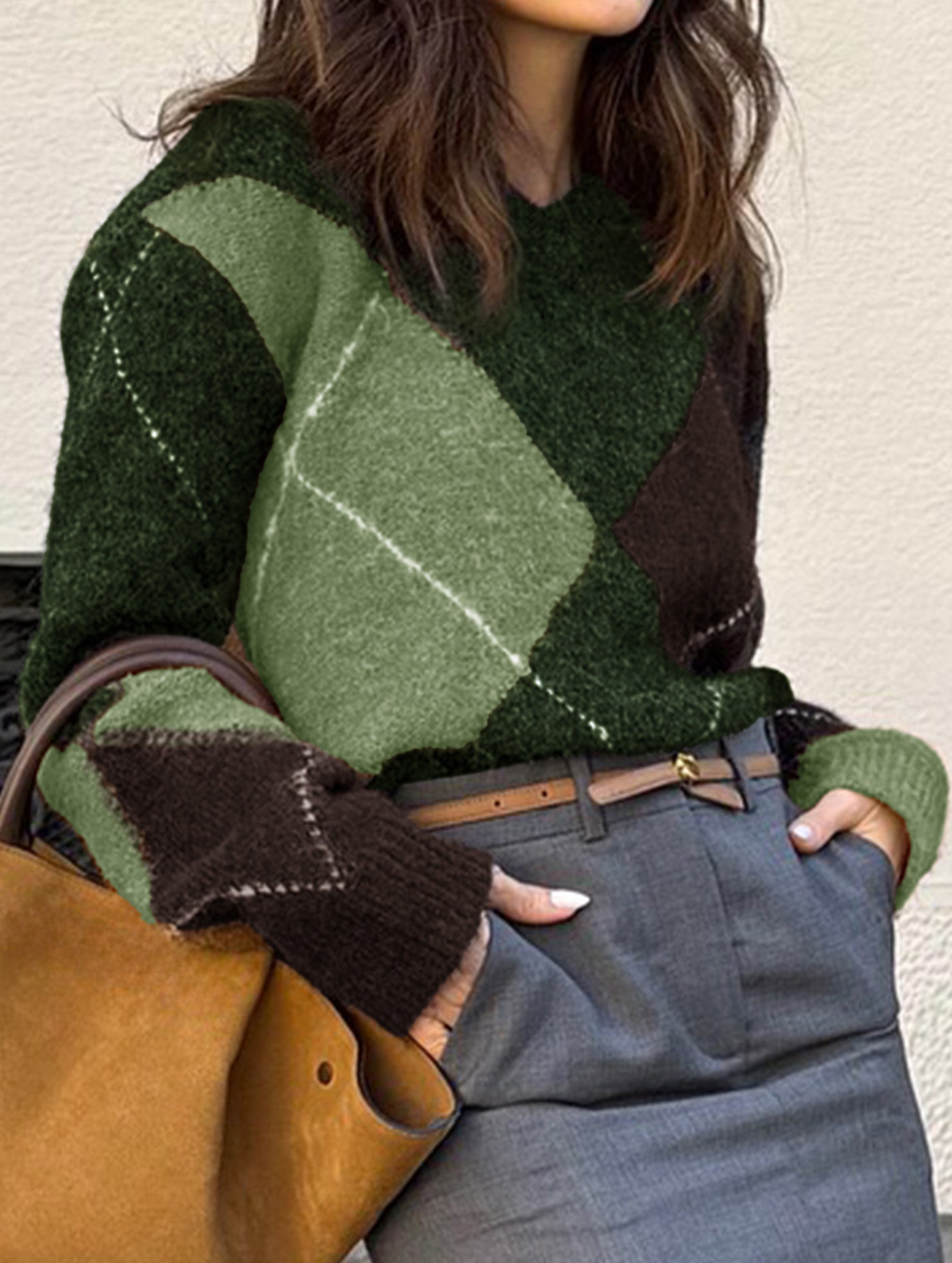 Casual color-blocked long-sleeved knitted sweater