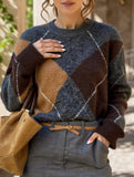 Casual color-blocked long-sleeved knitted sweater