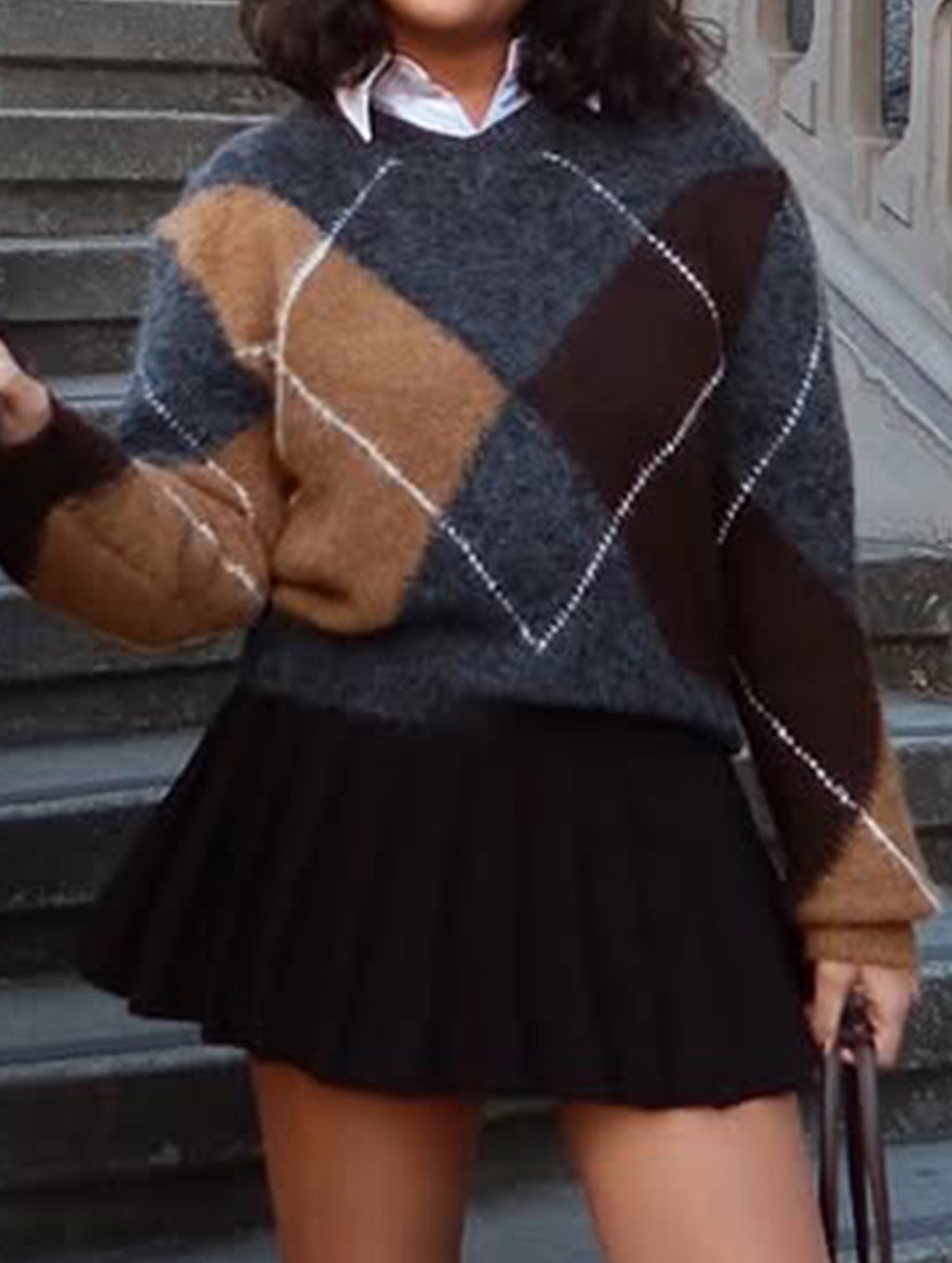 Casual color-blocked long-sleeved knitted sweater