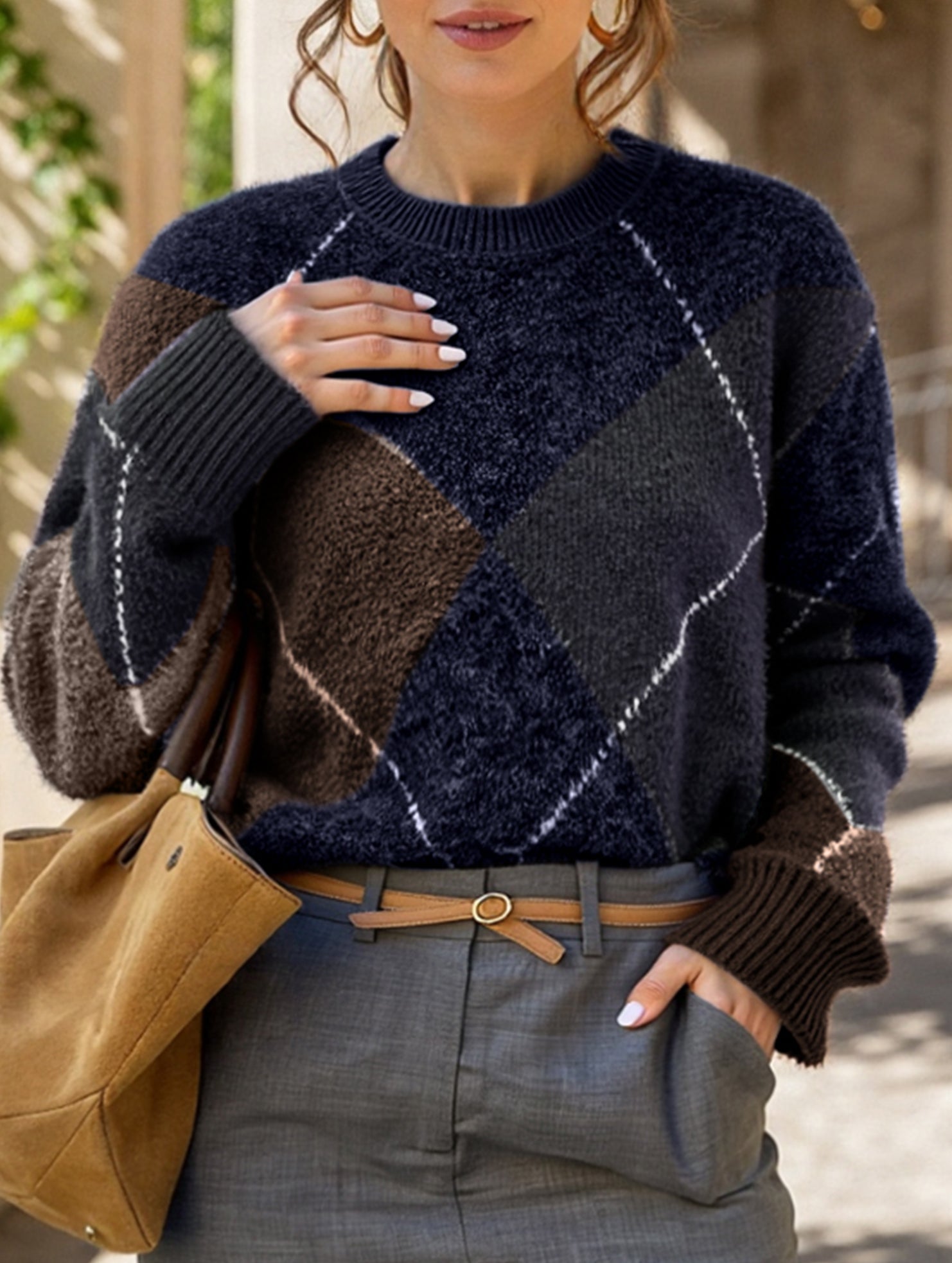 Casual color-blocked long-sleeved knitted sweater