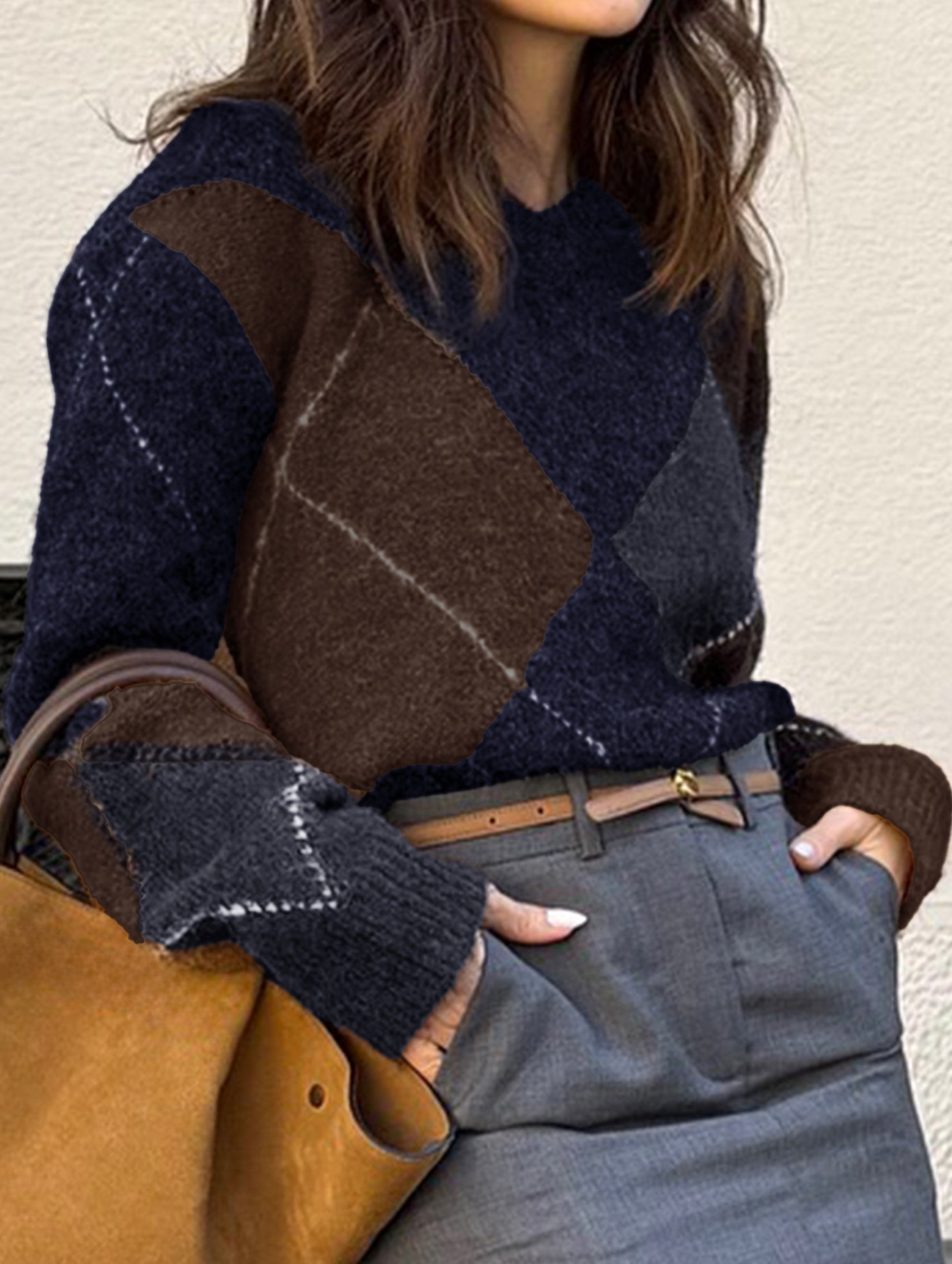 Casual color-blocked long-sleeved knitted sweater