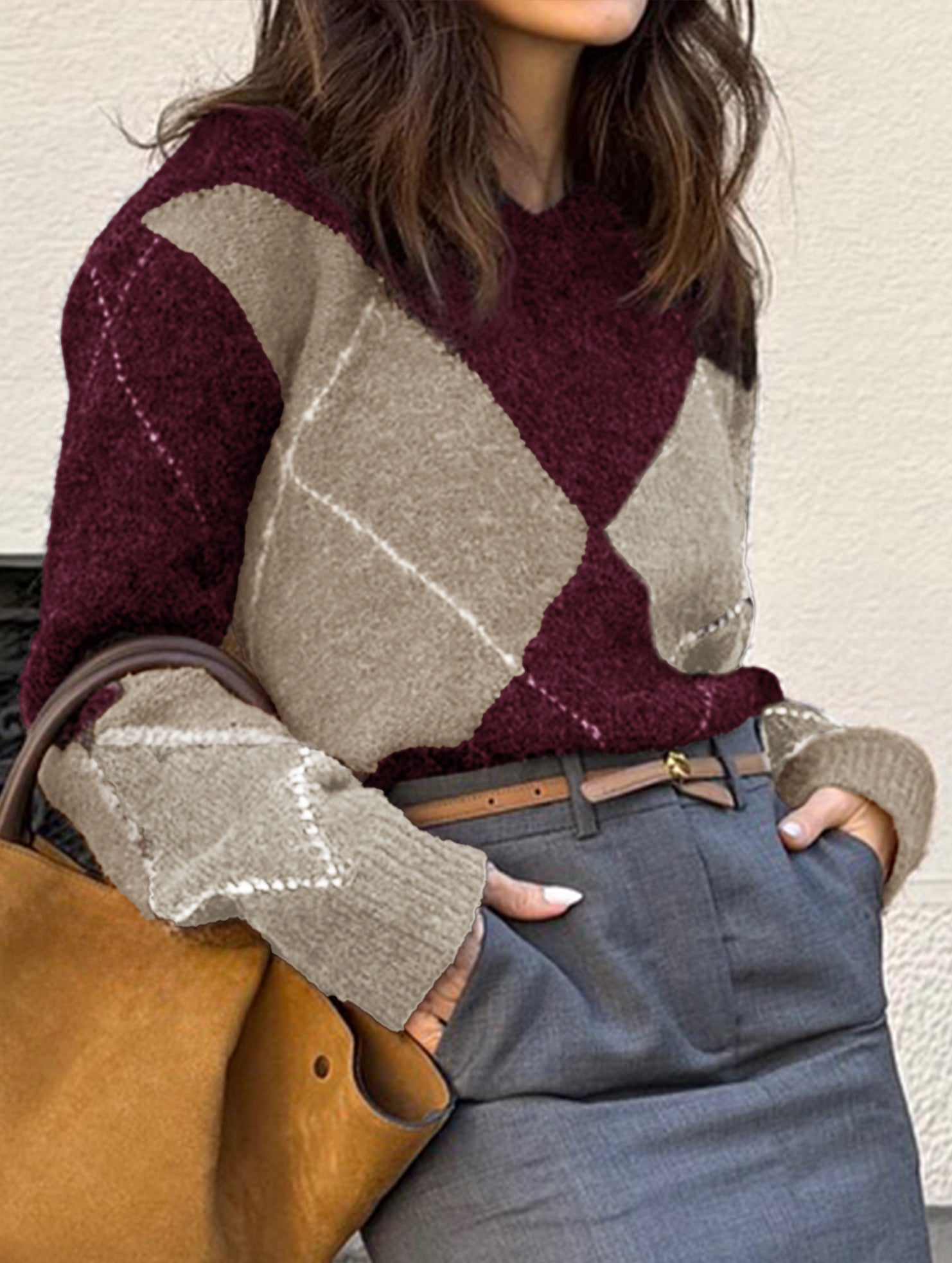 Casual color-blocked long-sleeved knitted sweater