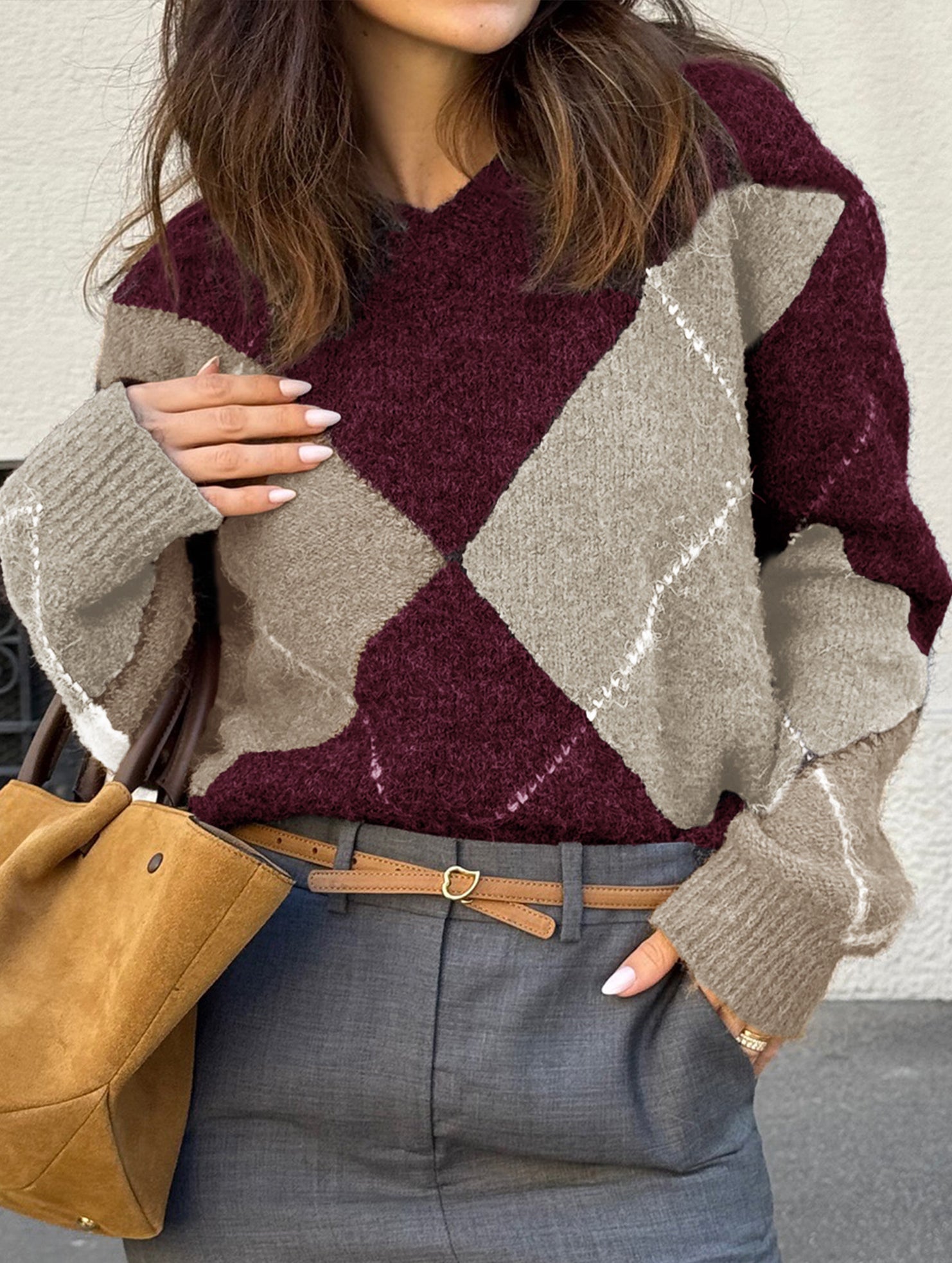 Casual color-blocked long-sleeved knitted sweater