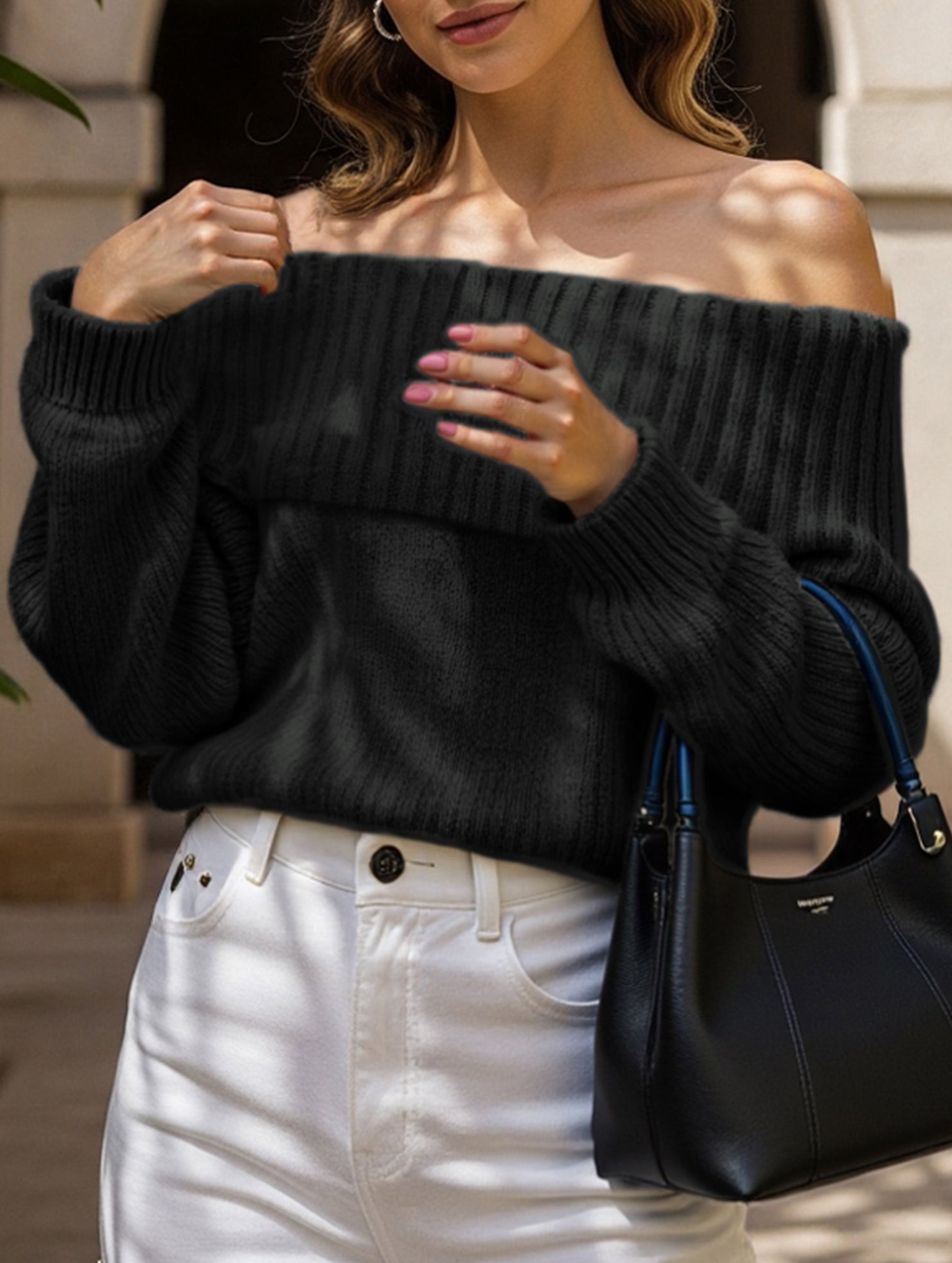 Simple off-shoulder slim-fit knit sweater