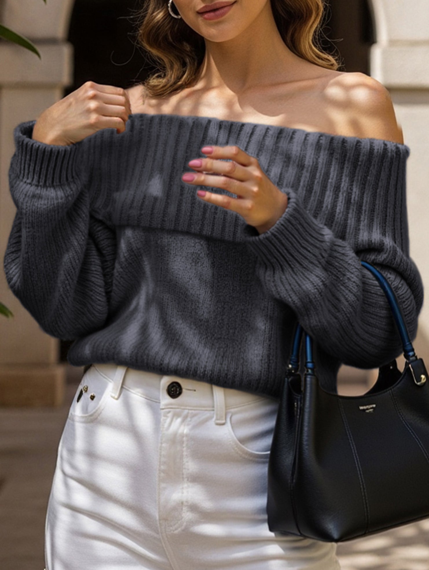 Simple off-shoulder slim-fit knit sweater