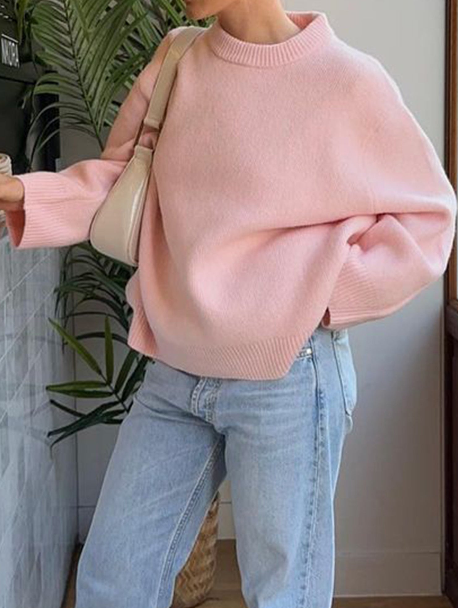 Casual solid color long-sleeved sweater