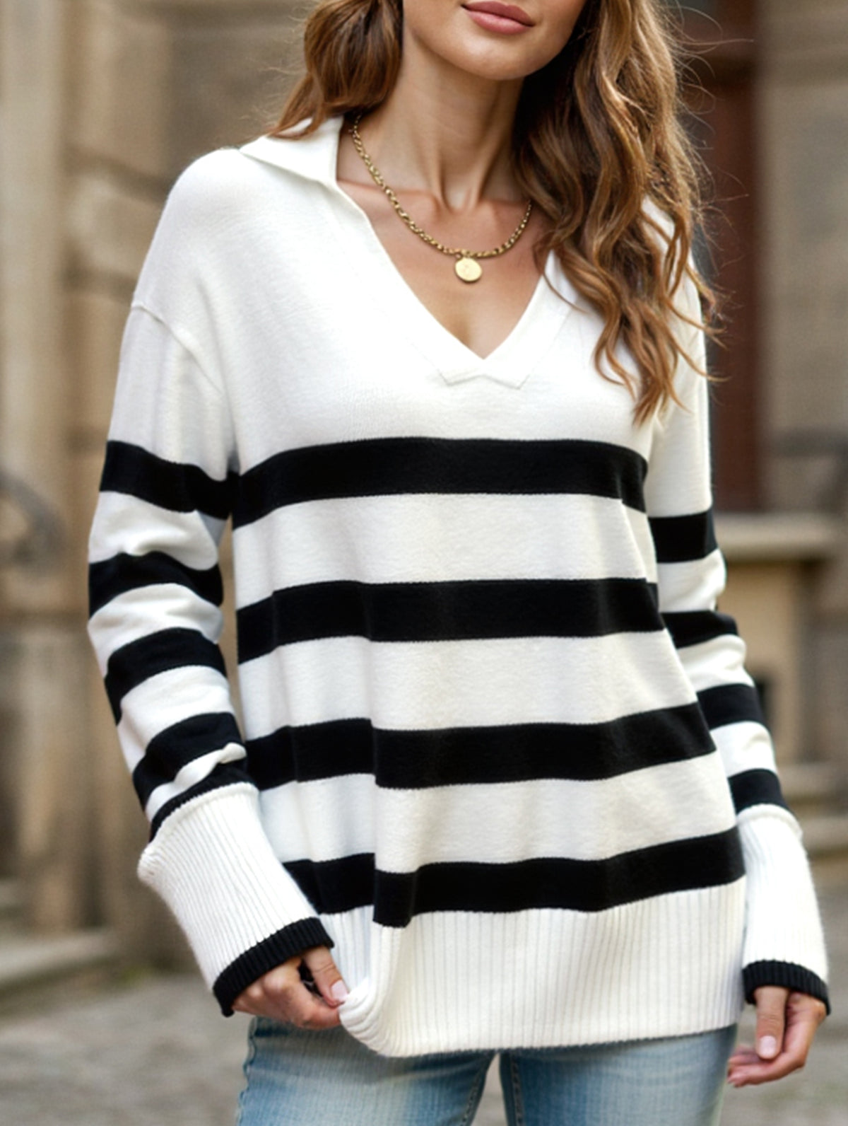 Casual striped long-sleeved women's sweater