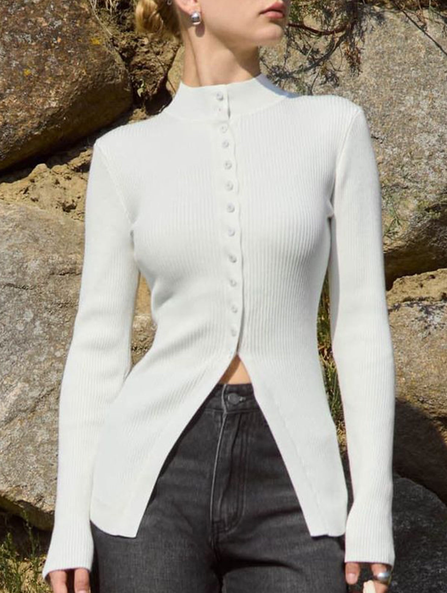 Single-breasted ribbed knit cardigan