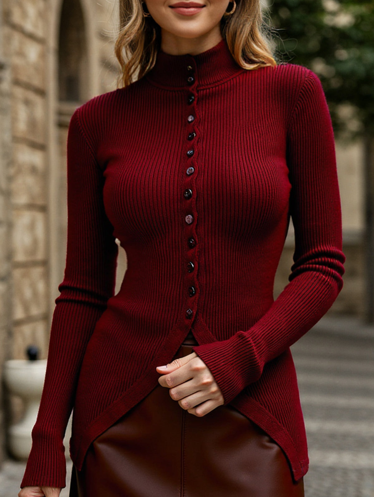 Single-breasted ribbed knit cardigan