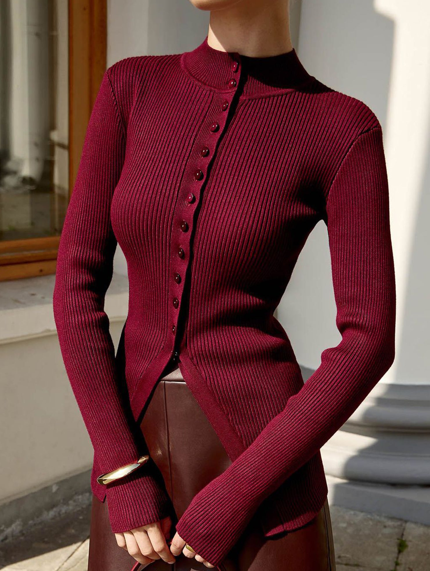 Single-breasted ribbed knit cardigan