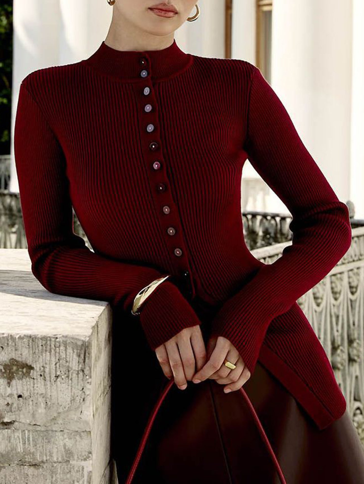 Single-breasted ribbed knit cardigan