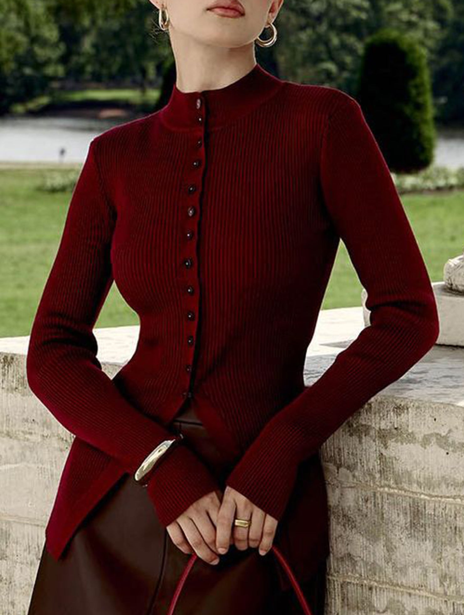 Single-breasted ribbed knit cardigan