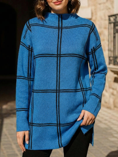 plaid color-blocked crew neck pullover sweater