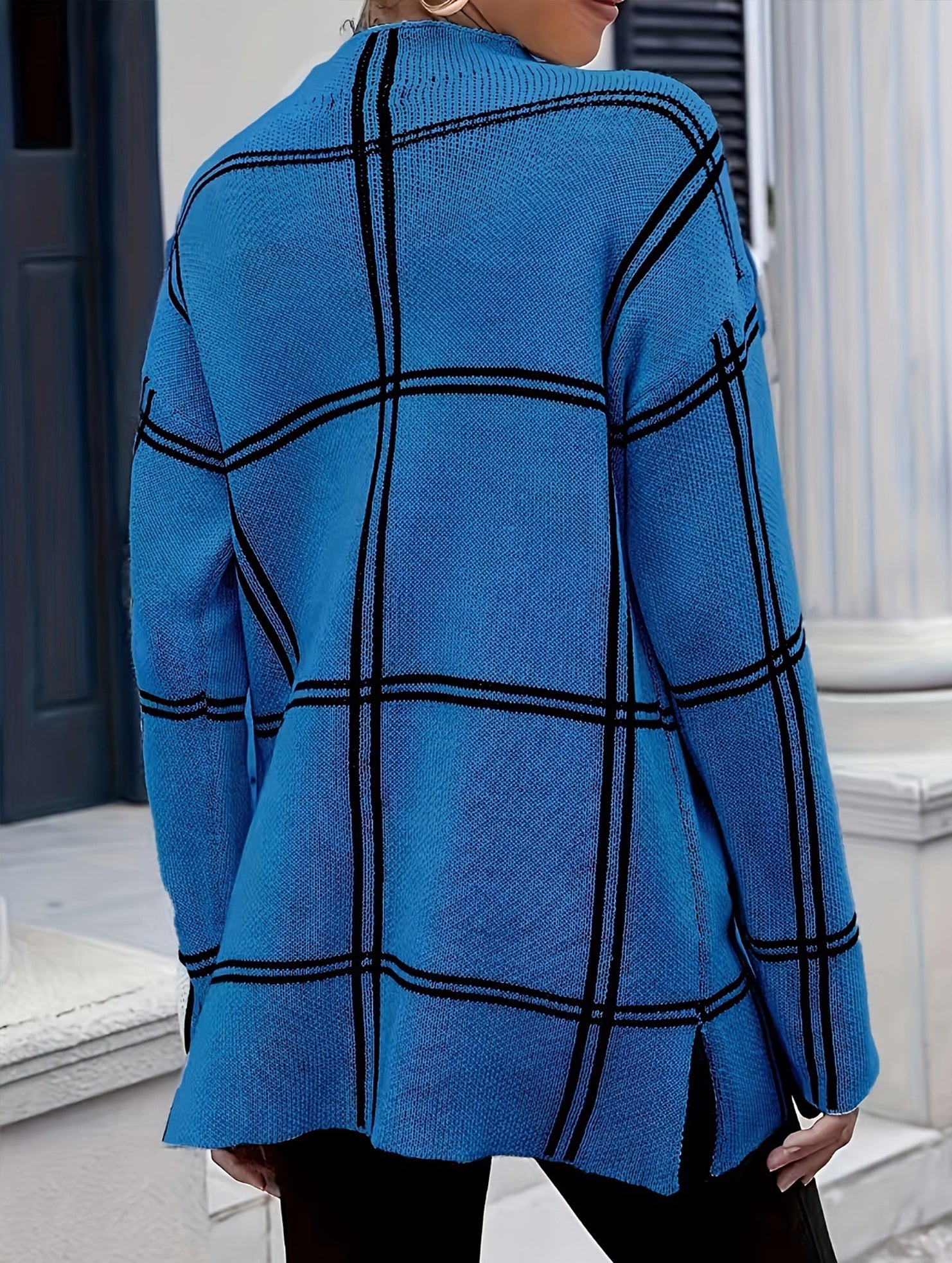 plaid color-blocked crew neck pullover sweater