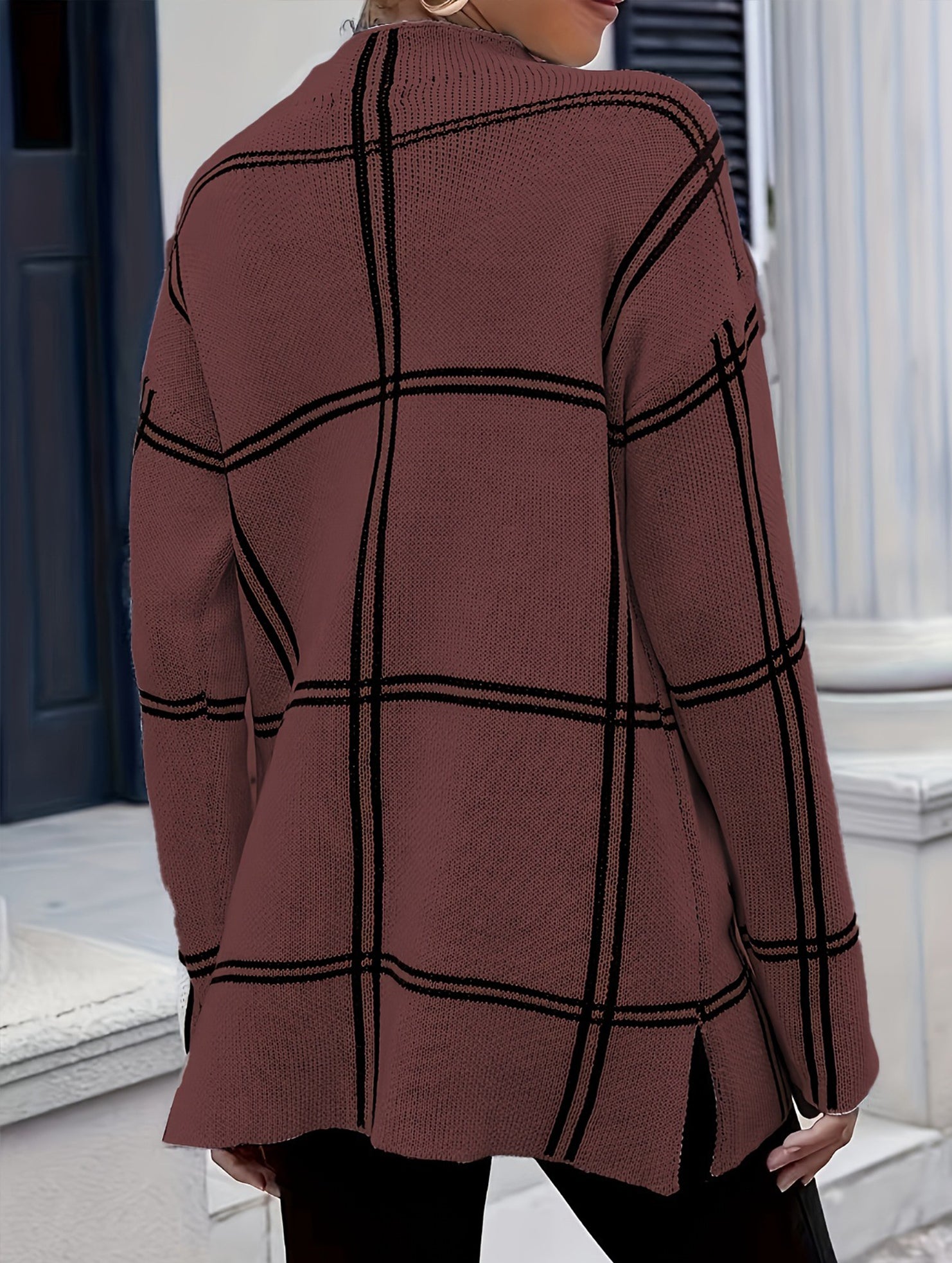 plaid color-blocked crew neck pullover sweater