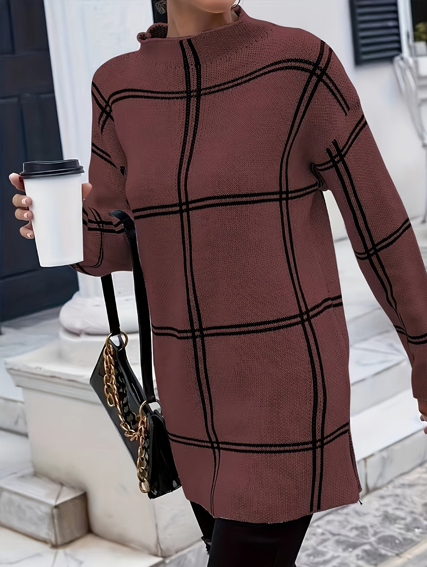 plaid color-blocked crew neck pullover sweater