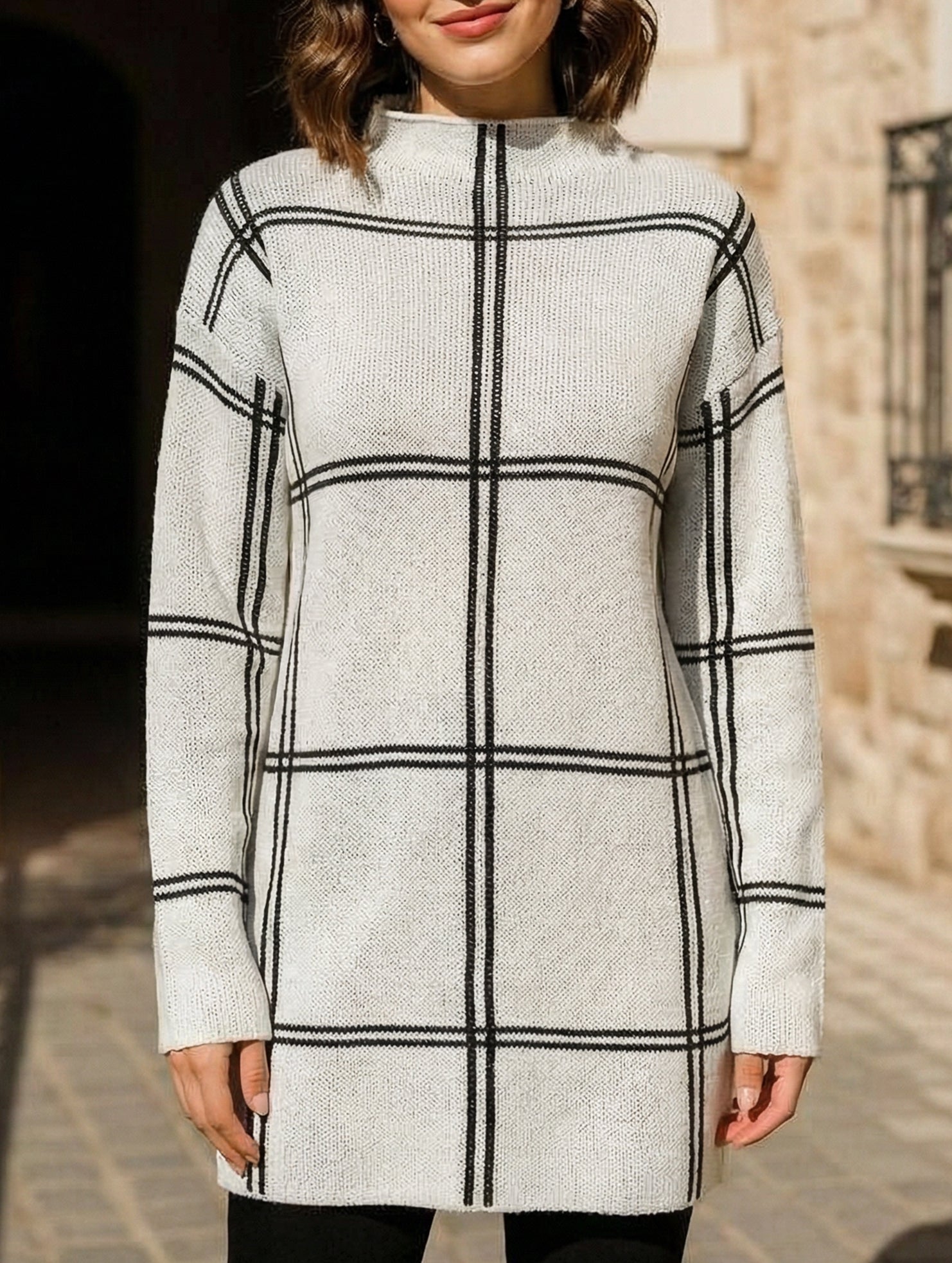 plaid color-blocked crew neck pullover sweater