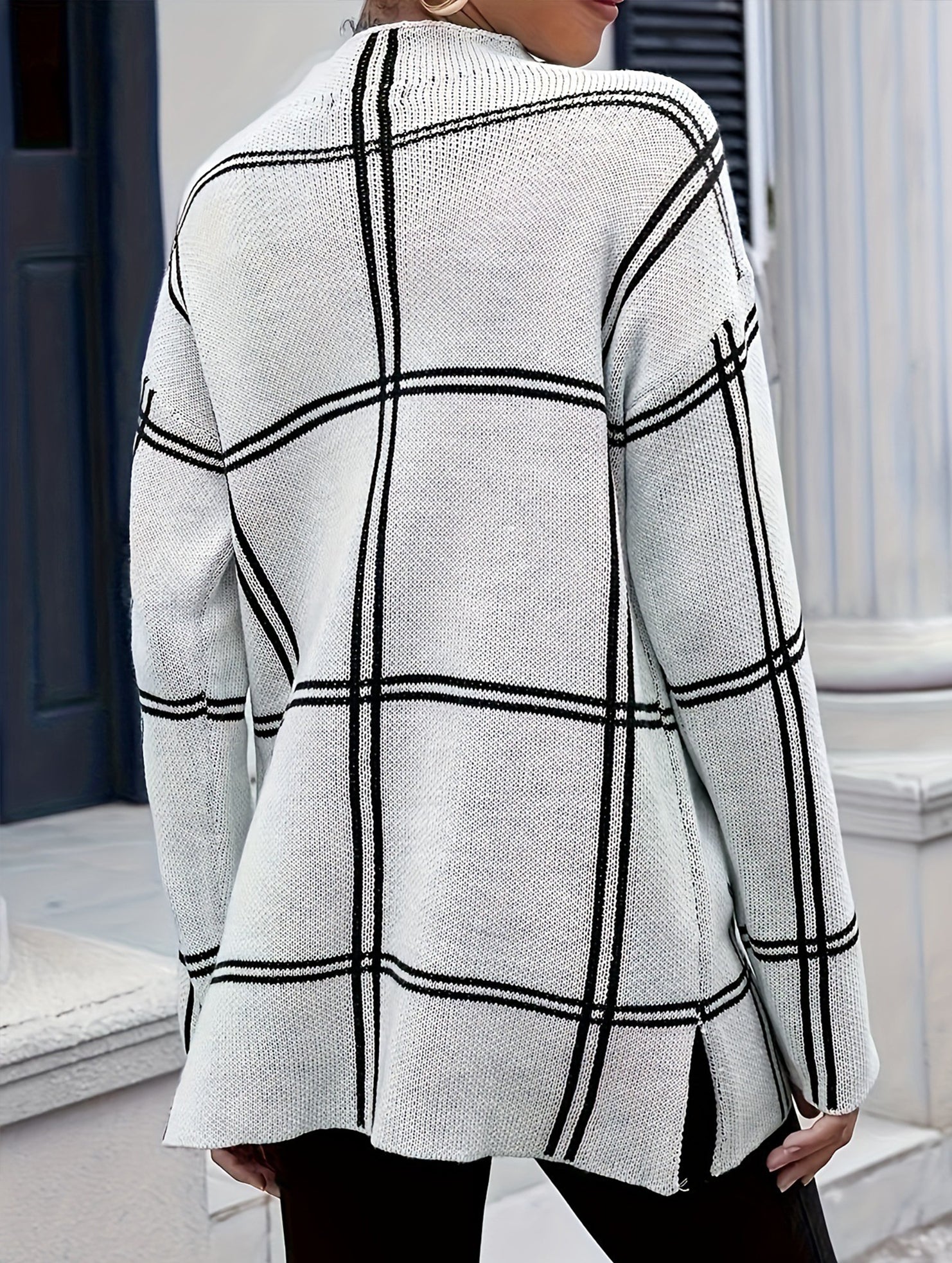 plaid color-blocked crew neck pullover sweater