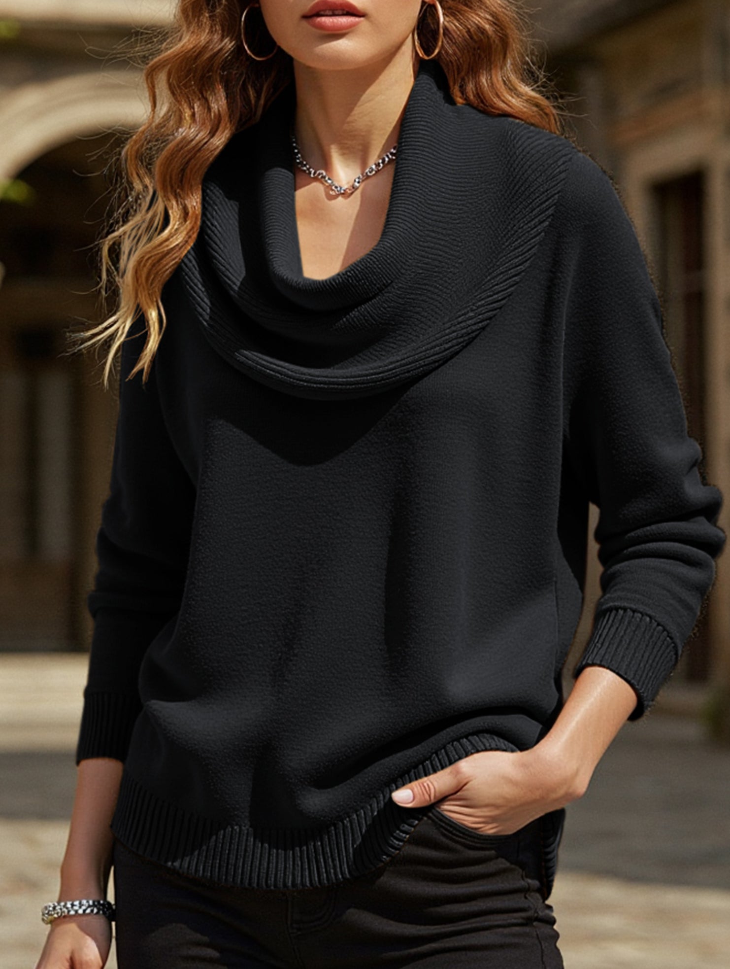 Solid color long-sleeved top sweater