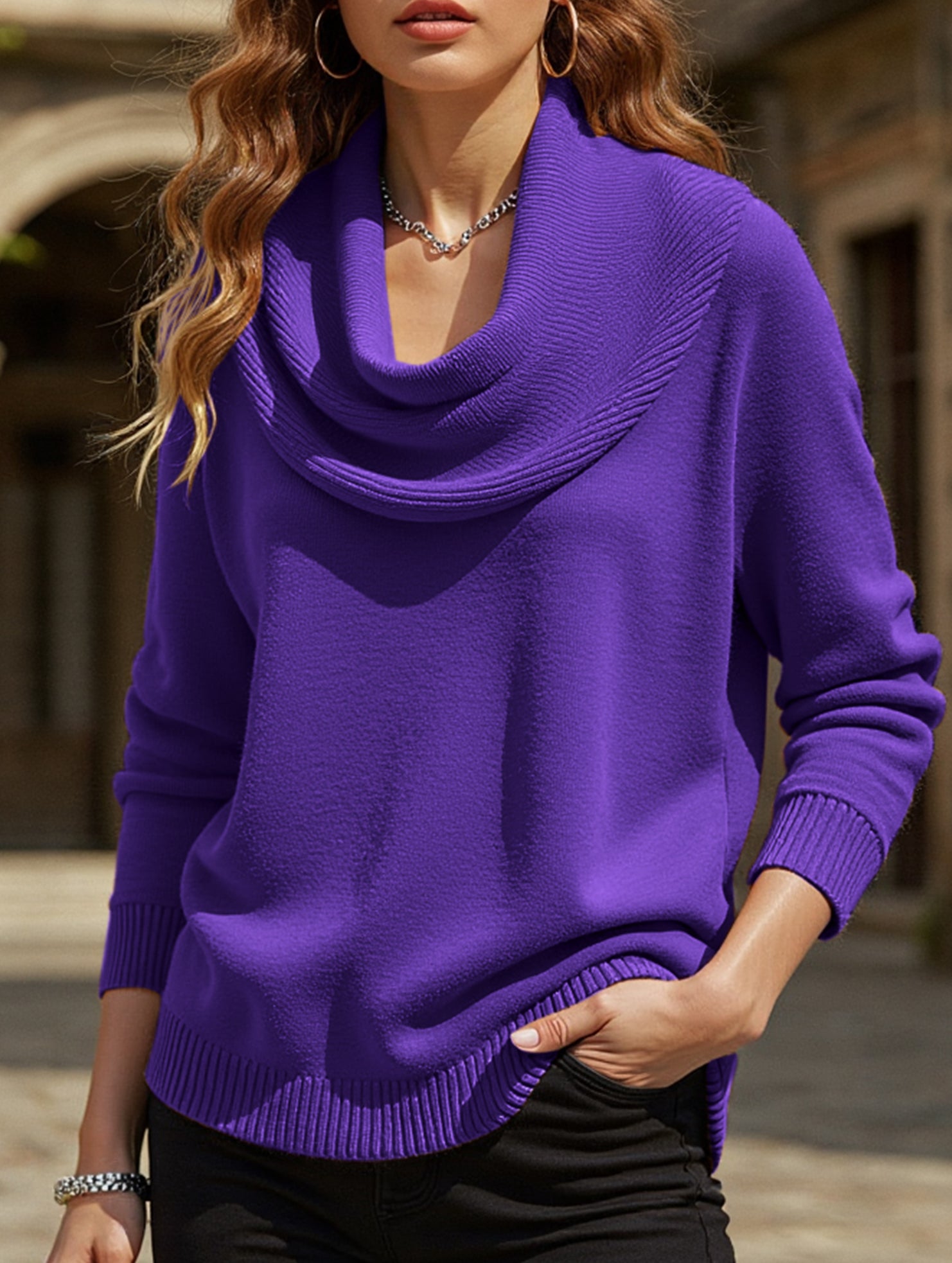 Solid color long-sleeved top sweater