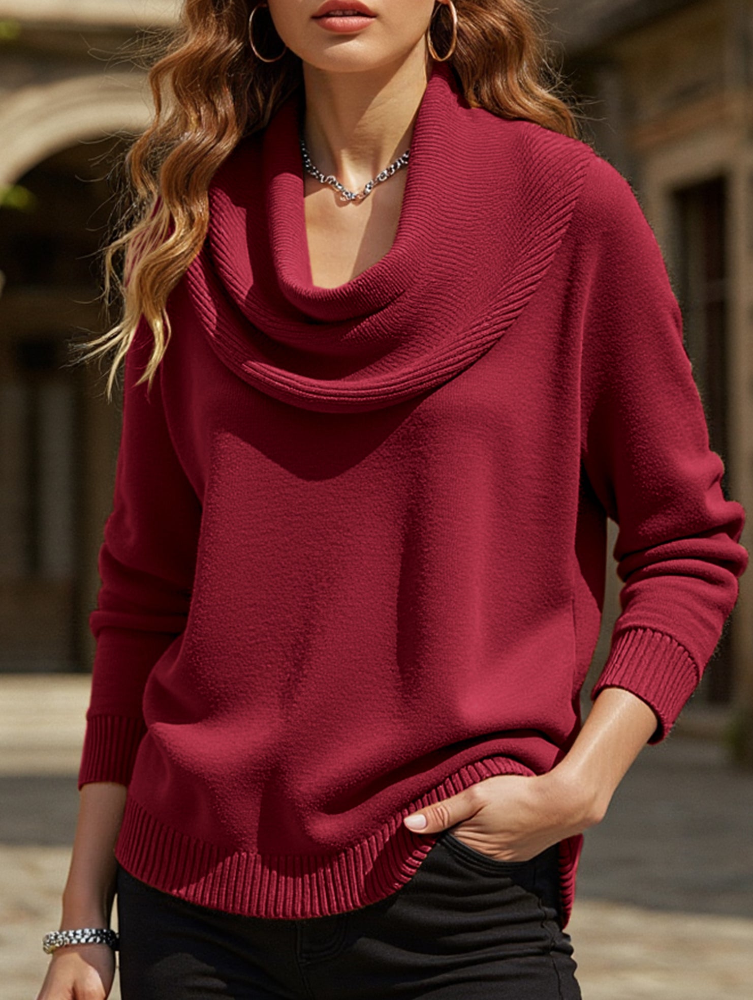 Solid color long-sleeved top sweater