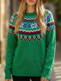 Retro color-blocked jacquard pullover knit sweater