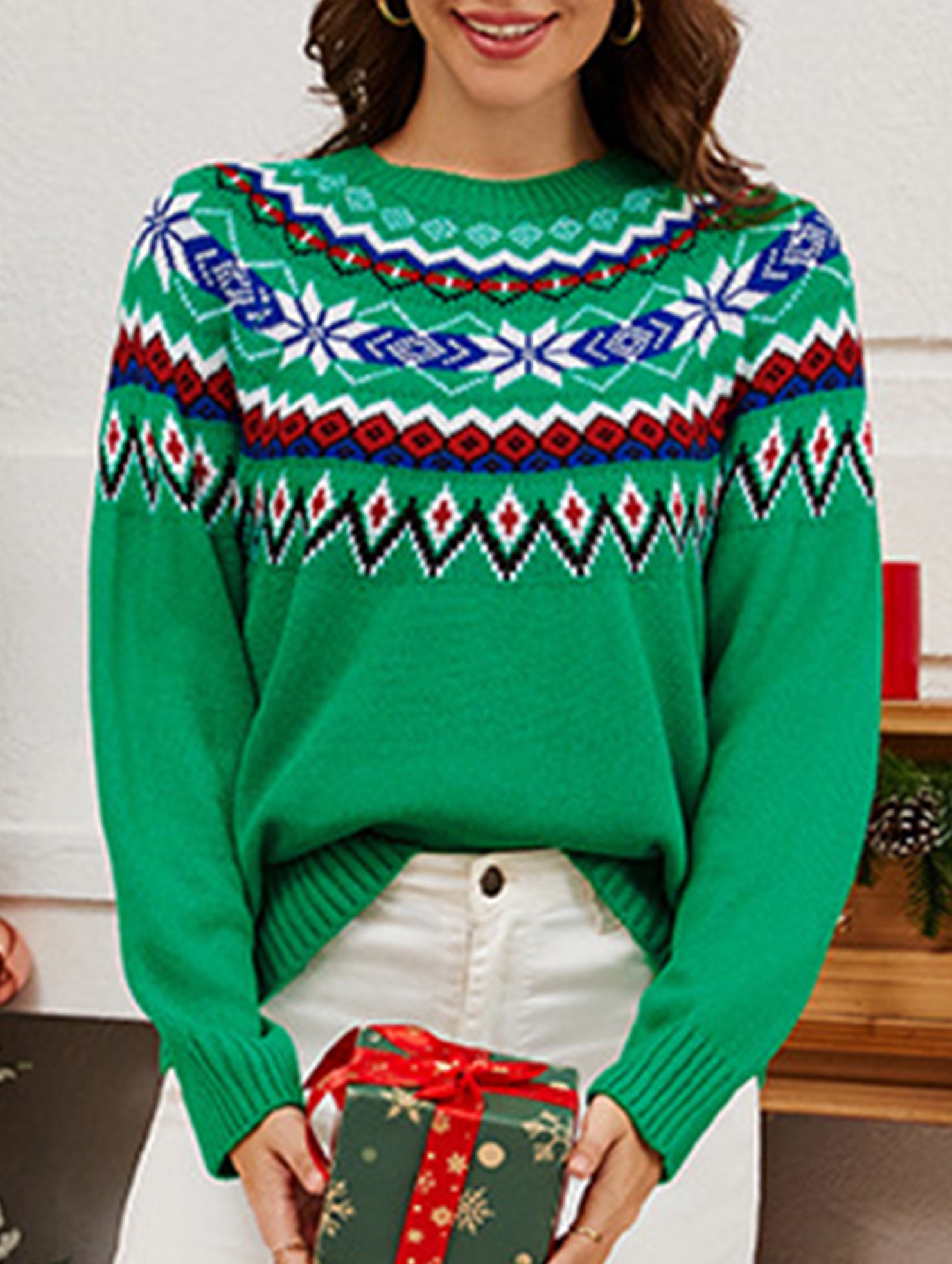 Retro color-blocked jacquard pullover knit sweater