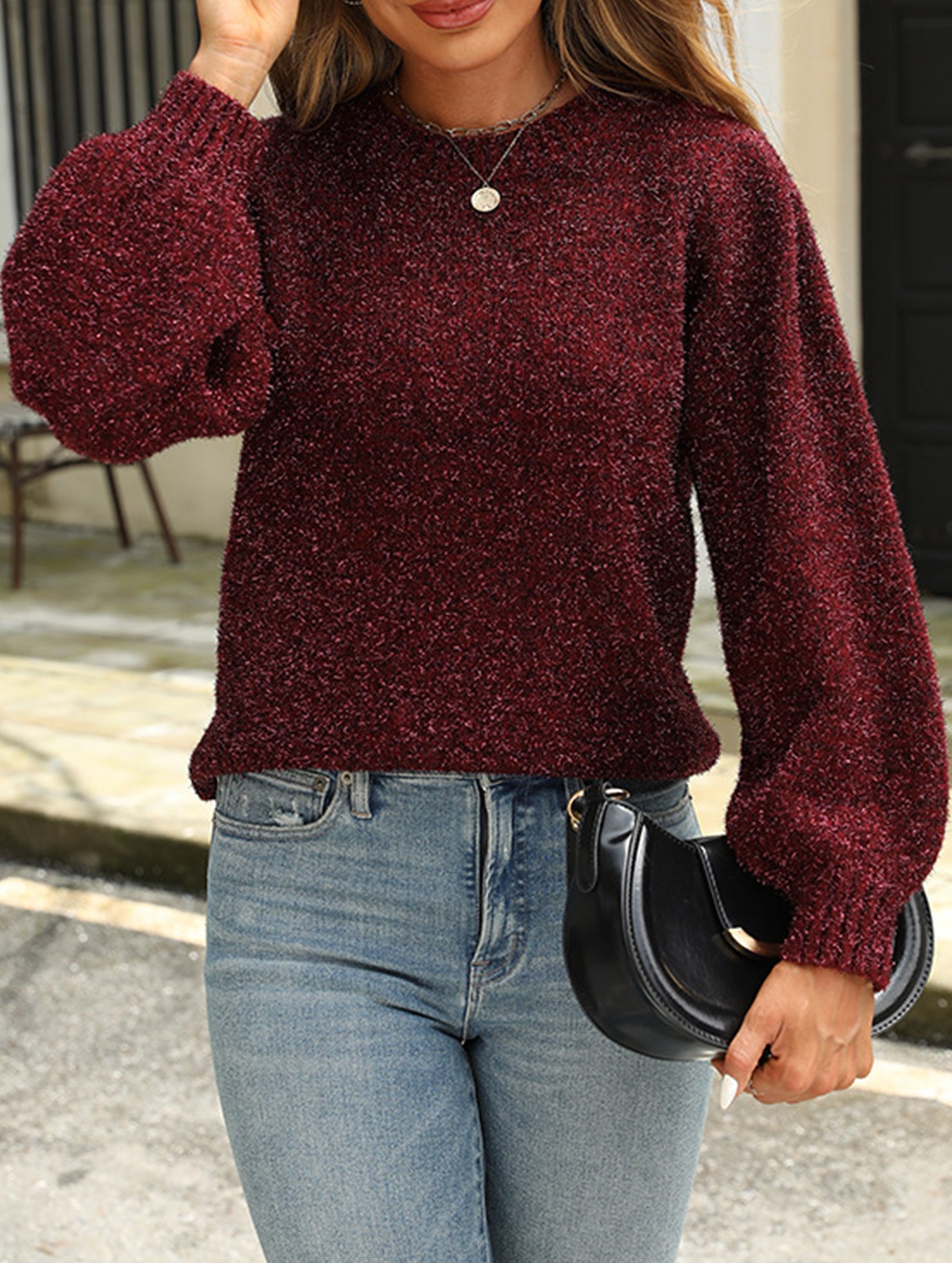 Sparkling silk puff sleeve sweater