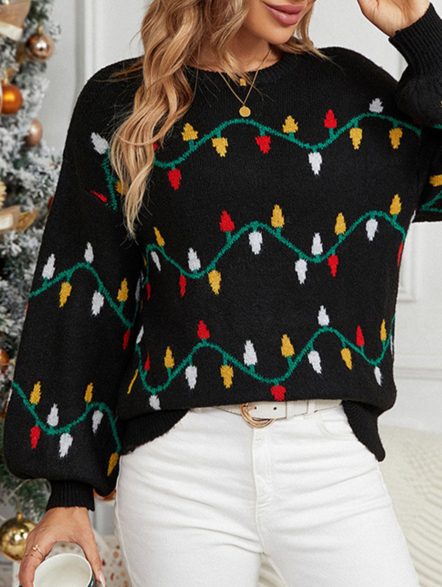 Christmas lights sweet pullover loose knit sweater