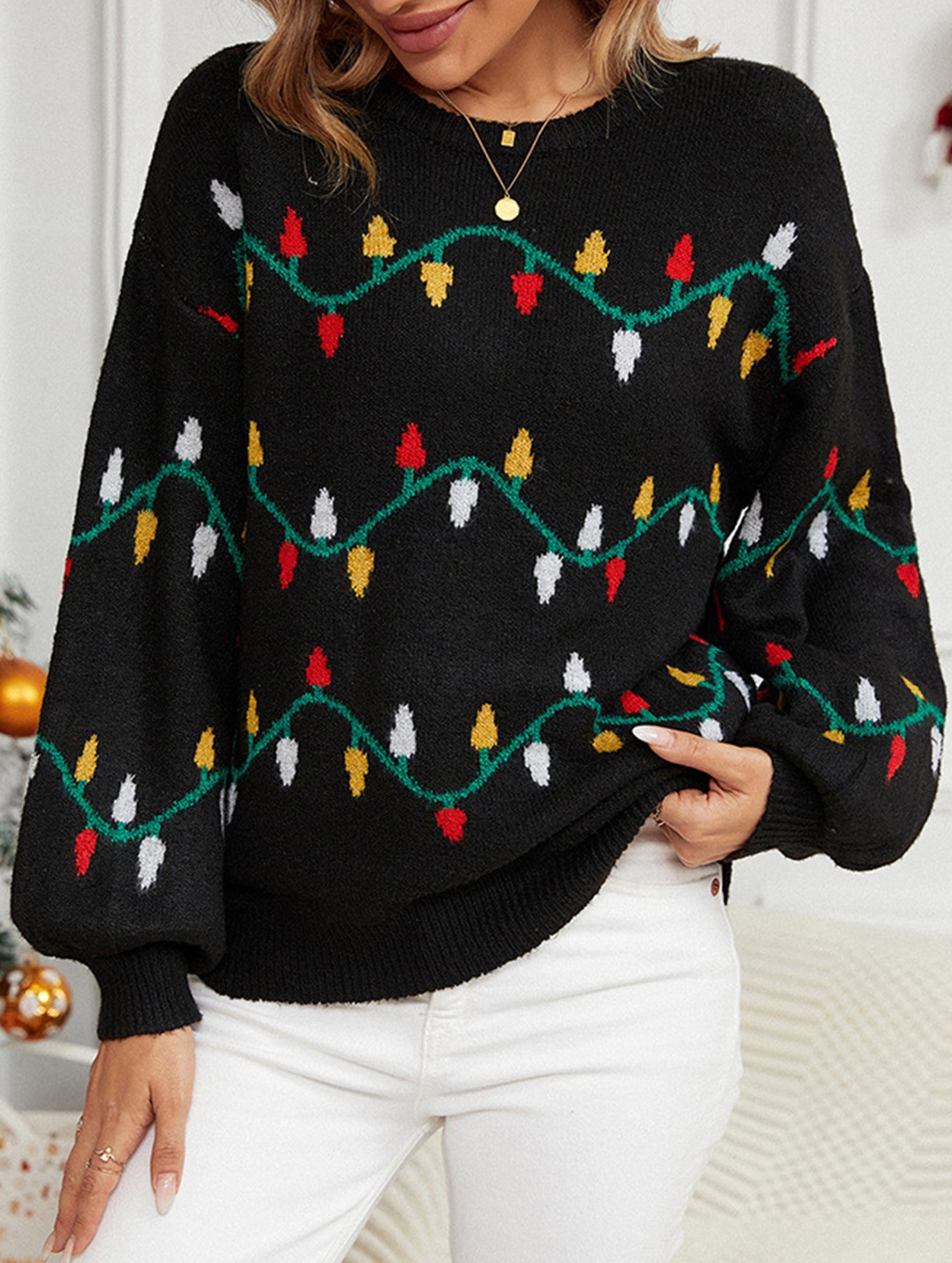 Christmas lights sweet pullover loose knit sweater