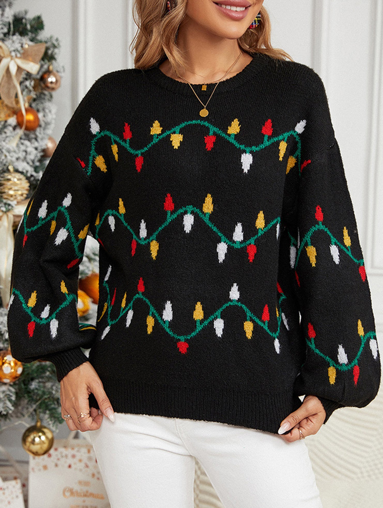 Christmas lights sweet pullover loose knit sweater