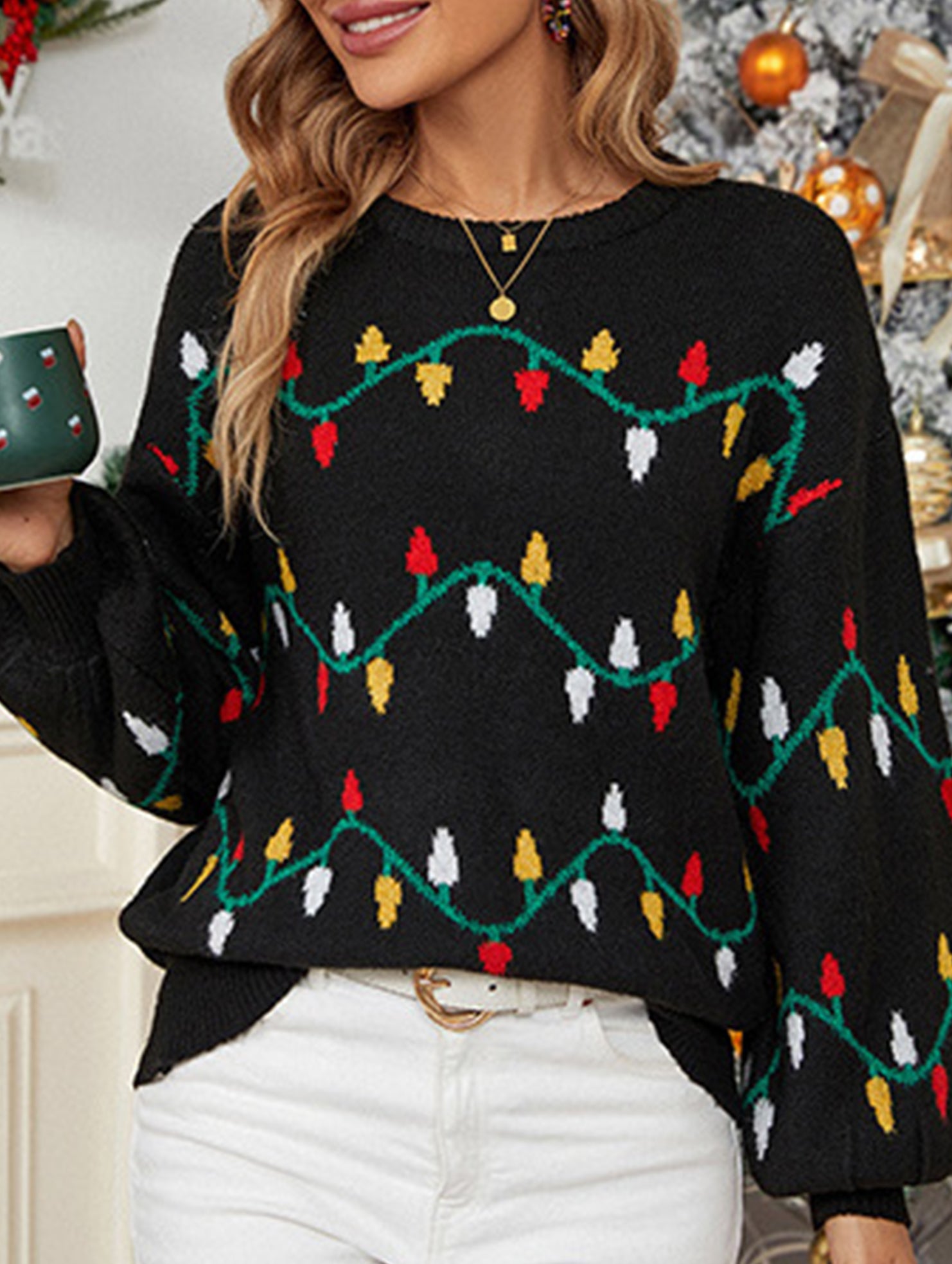 Christmas lights sweet pullover loose knit sweater