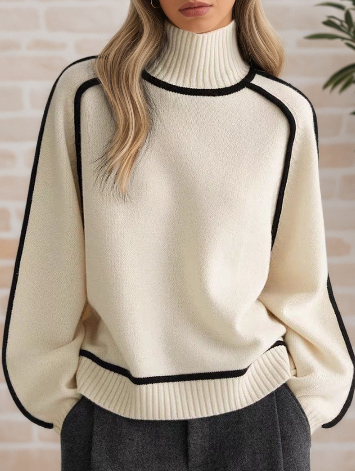 Stylish turtleneck striped ribbed sweater