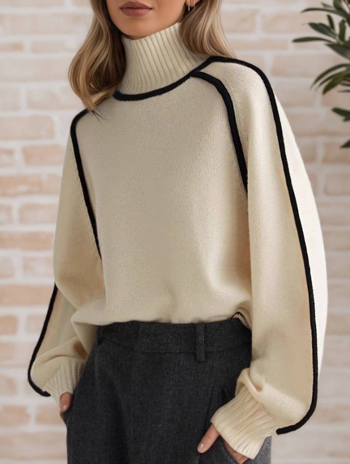 Stylish turtleneck striped ribbed sweater