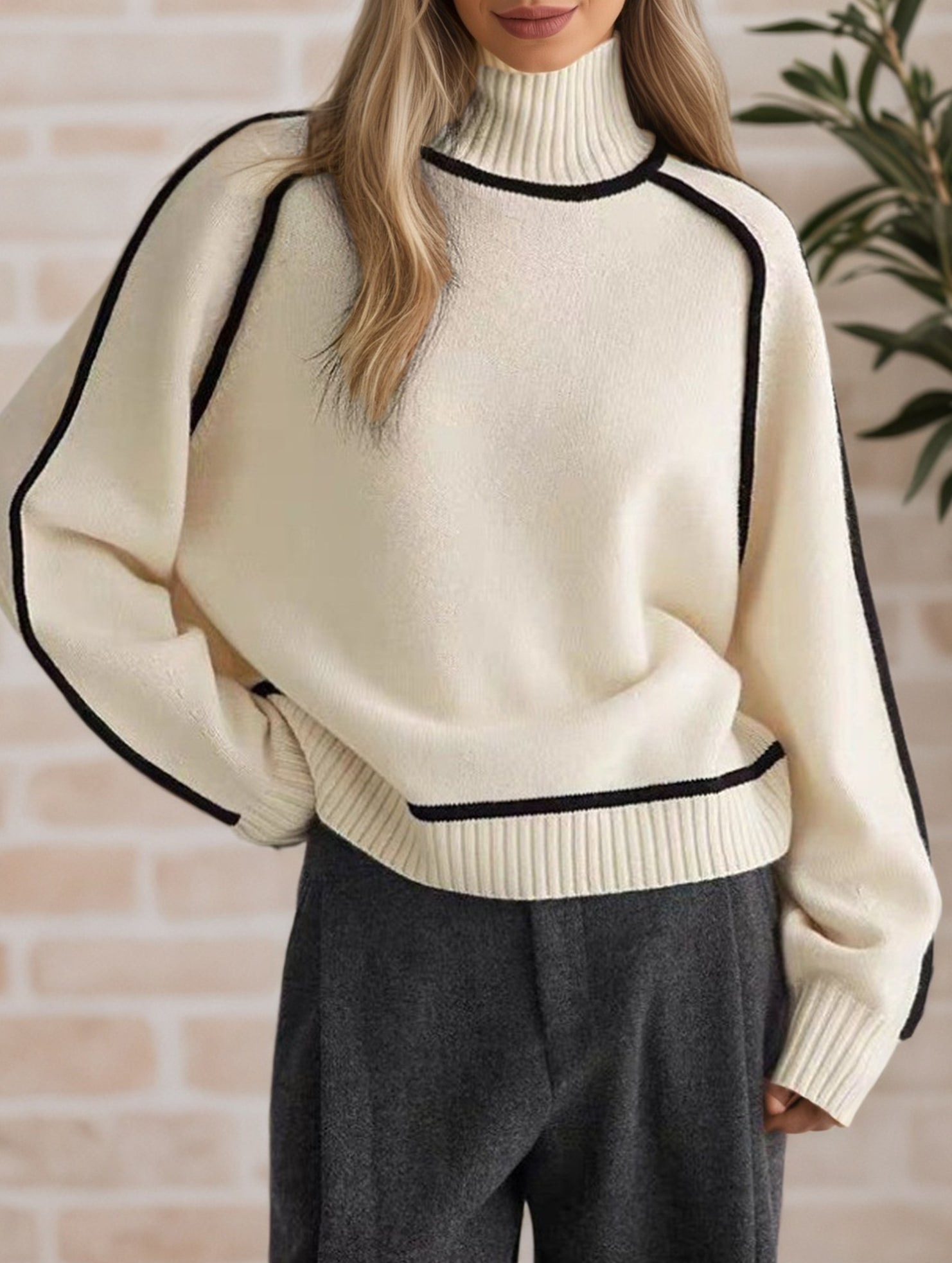 Stylish turtleneck striped ribbed sweater