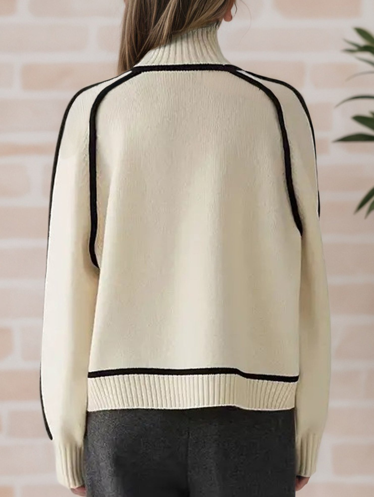 Stylish turtleneck striped ribbed sweater