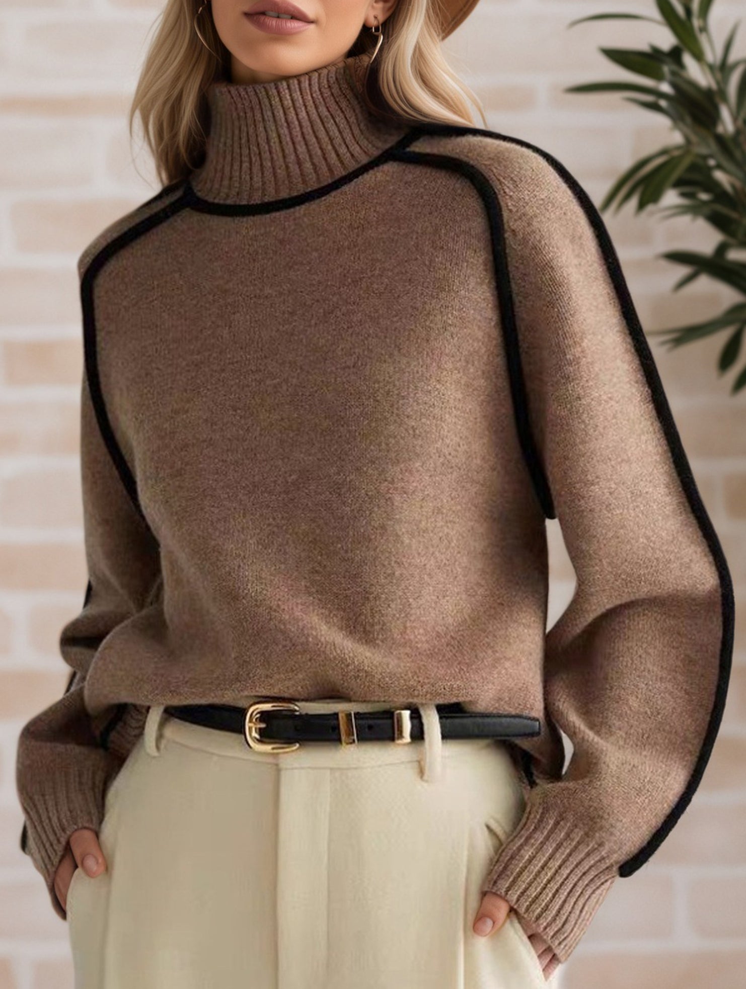 Stylish turtleneck striped ribbed sweater