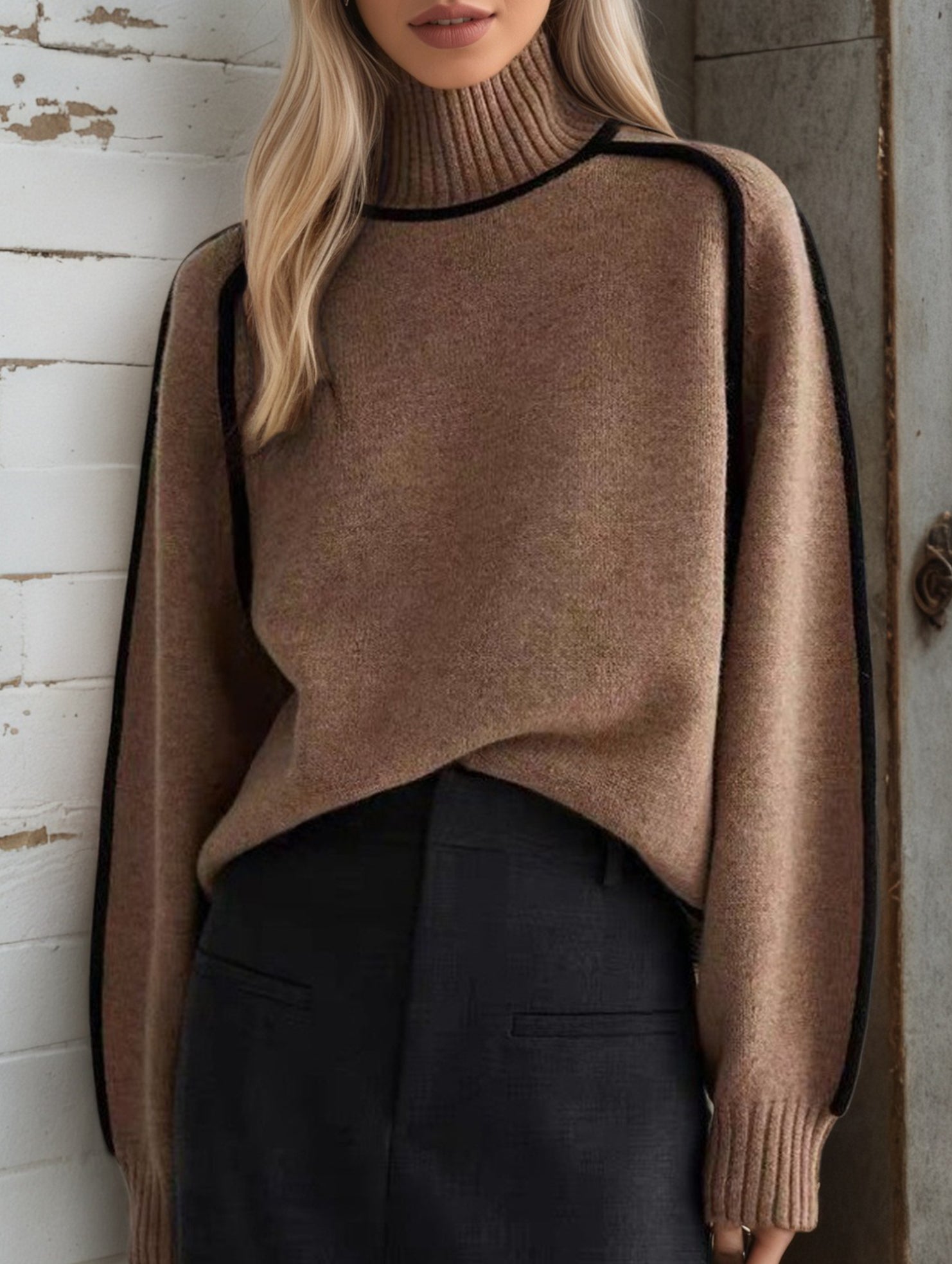Stylish turtleneck striped ribbed sweater