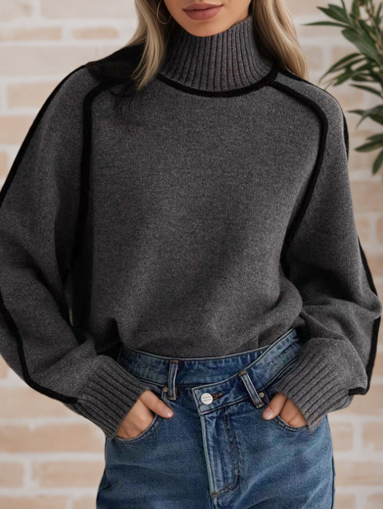 Stylish turtleneck striped ribbed sweater