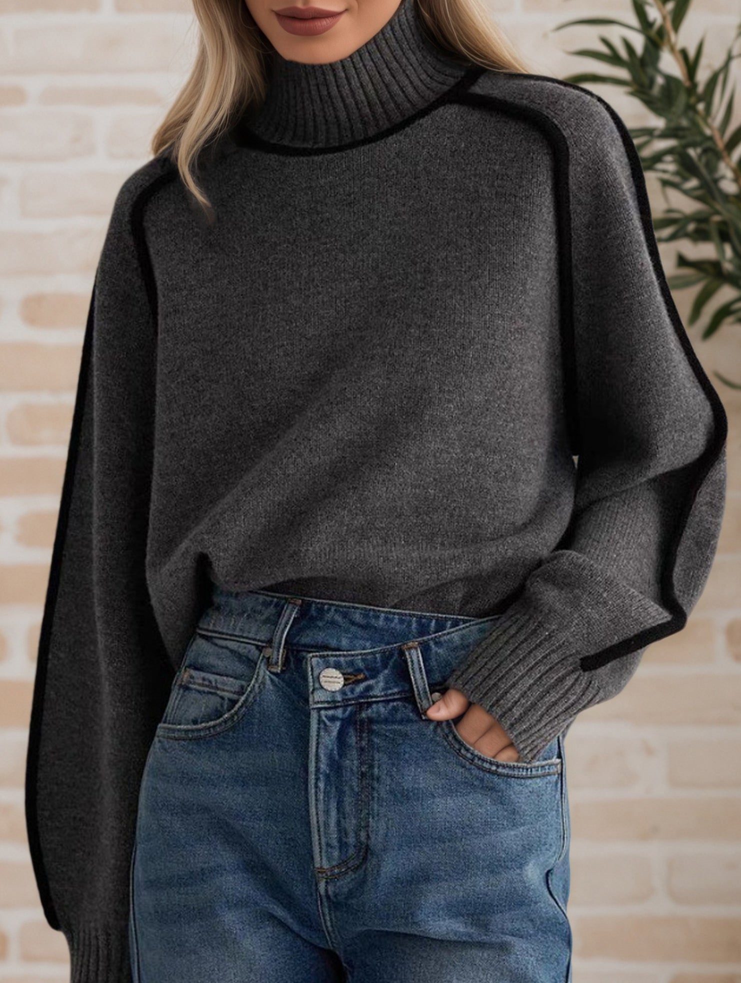 Stylish turtleneck striped ribbed sweater
