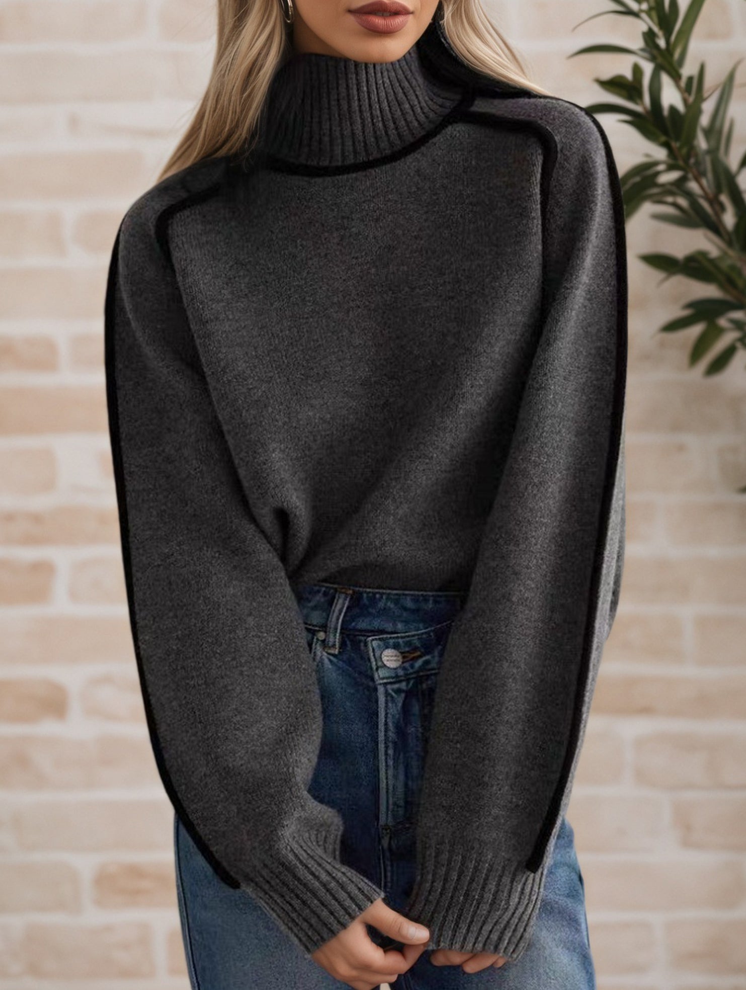 Stylish turtleneck striped ribbed sweater