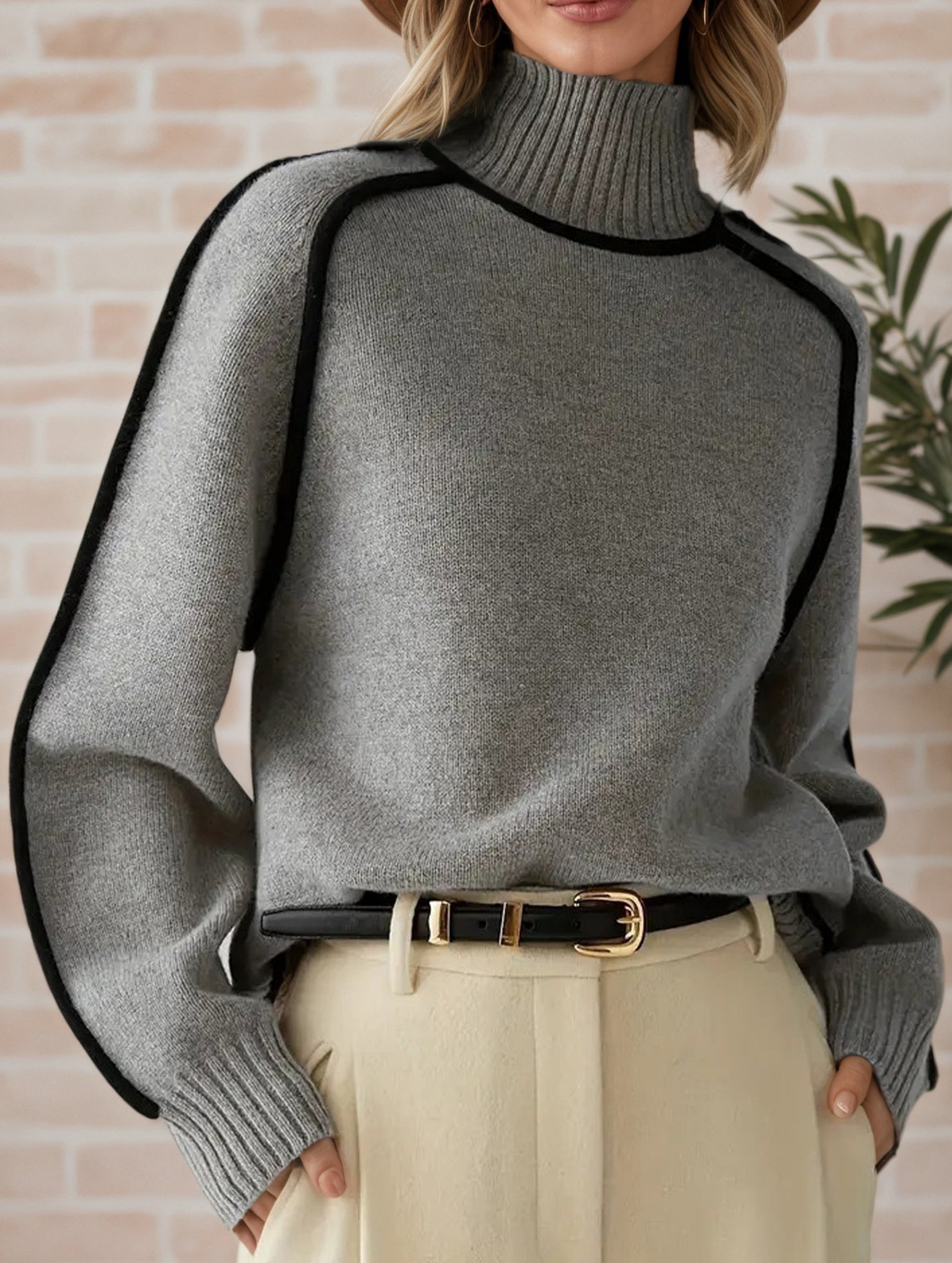 Stylish turtleneck striped ribbed sweater