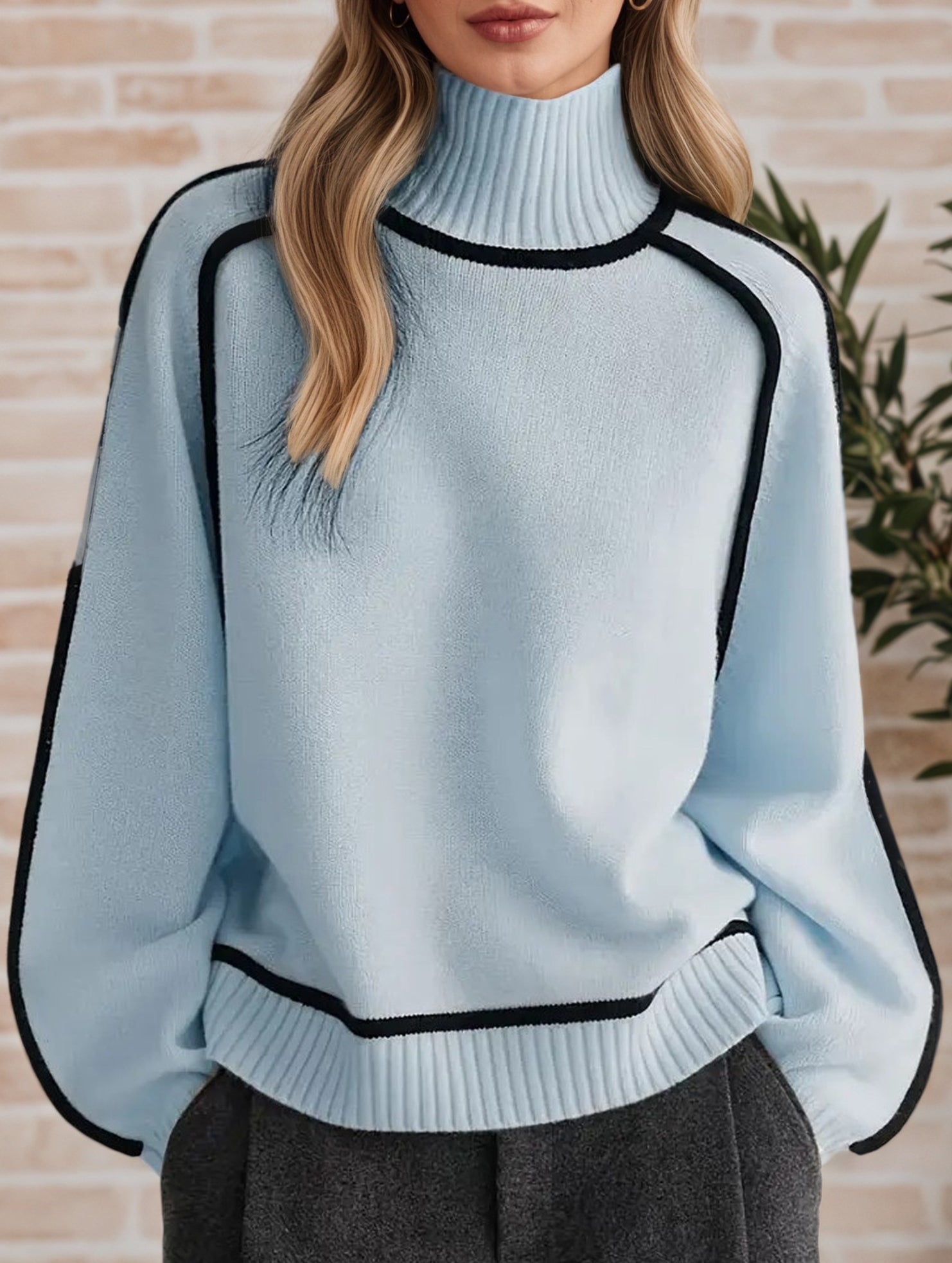 Stylish turtleneck striped ribbed sweater