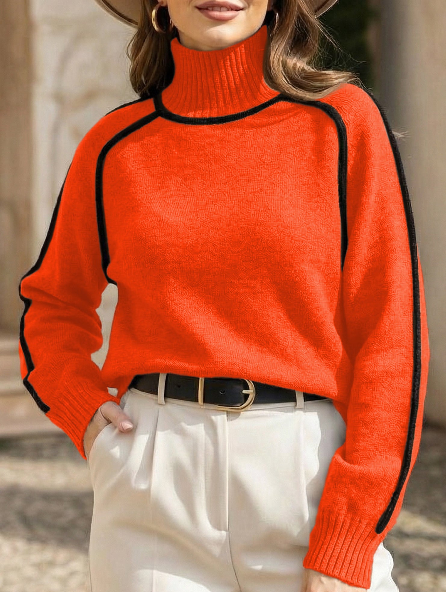 Stylish turtleneck striped ribbed sweater